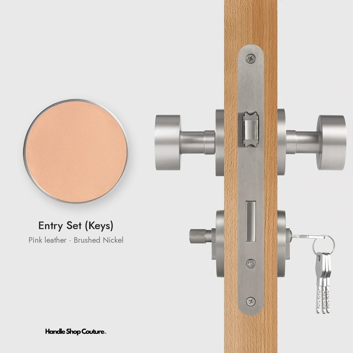 AMORGOS leather door knob set in Brushed Nickel with pink leather, Entry Set (Keys)