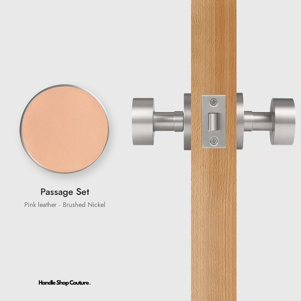 AMORGOS leather door knob set in Brushed Nickel with pink leather, Passage Set