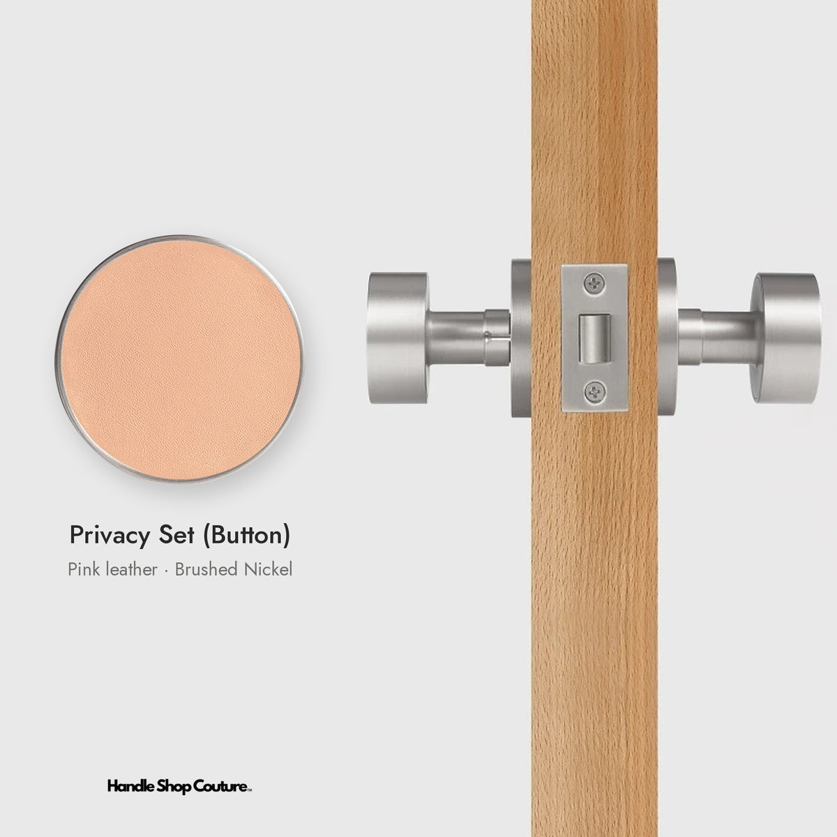 AMORGOS leather door knob set in Brushed Nickel with pink leather, Privacy Set (Button)