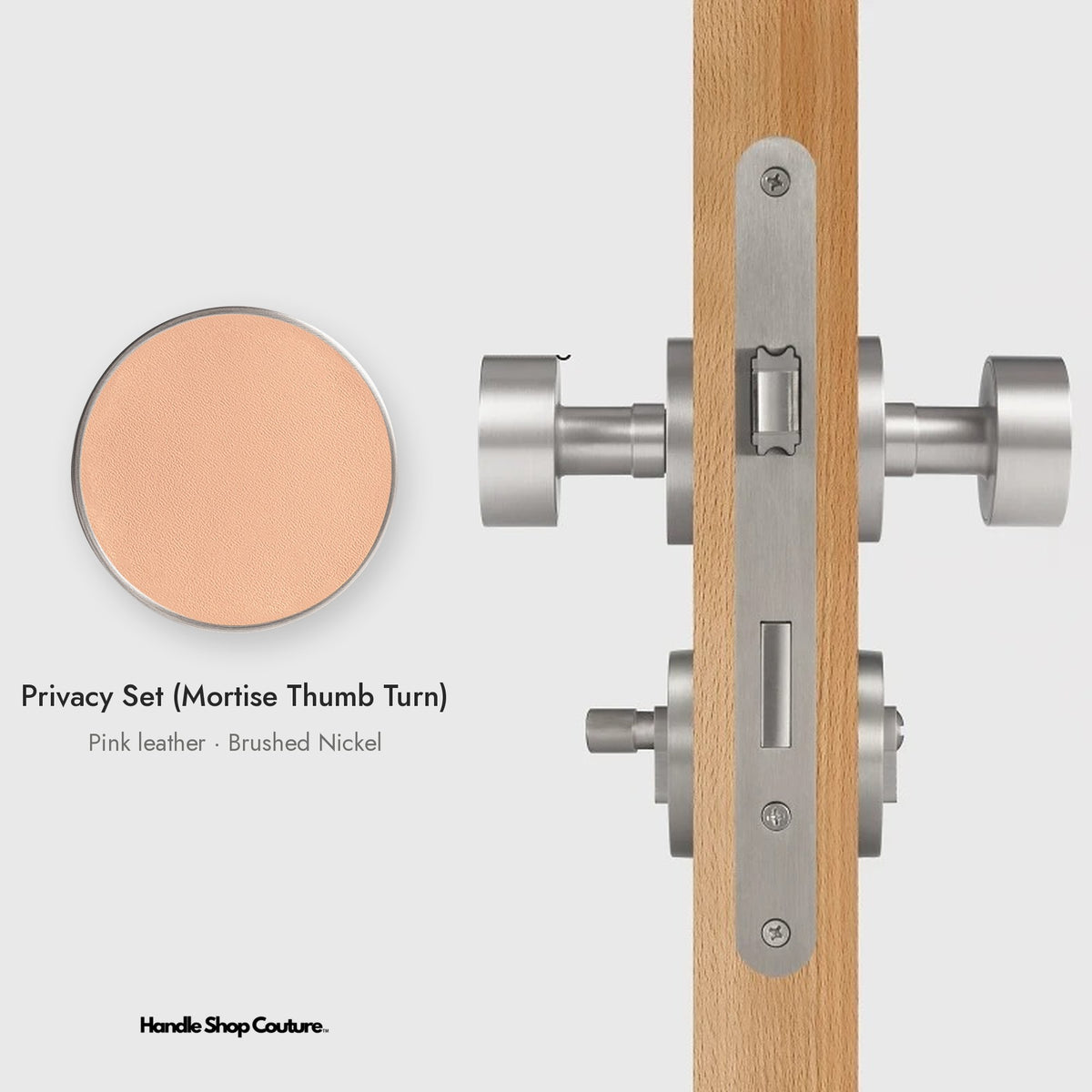 AMORGOS leather door knob set in Brushed Nickel with pink leather, Privacy Set (Mortise Thumb Turn)