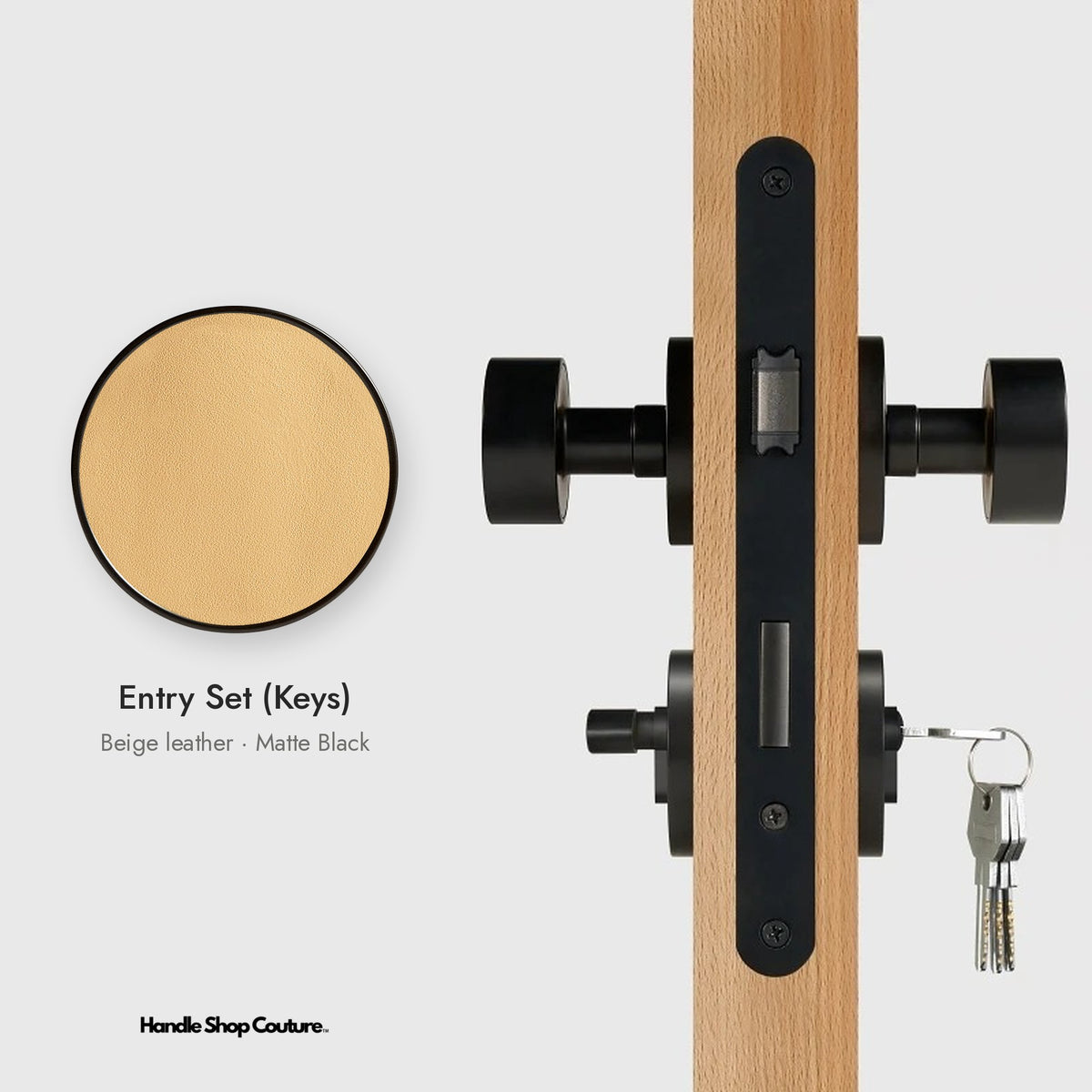 AMORGOS leather door knob set in Matte Black with beige leather, Entry Set (Keys)