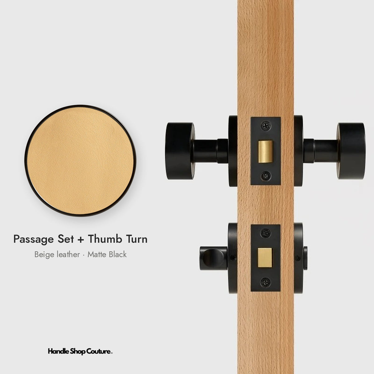 AMORGOS leather door knob set in Matte Black with beige leather, Passage Set + Thumb Turn