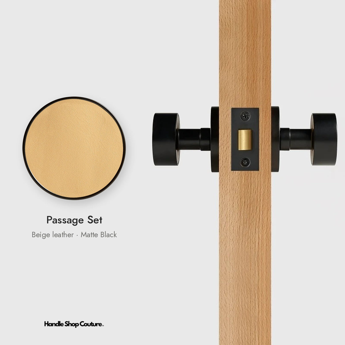 AMORGOS leather door knob set in Matte Black with beige leather, Passage Set