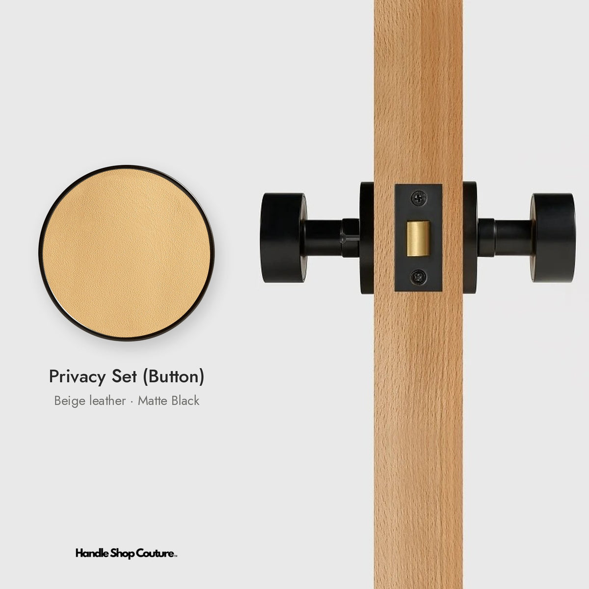 AMORGOS leather door knob set in Matte Black with beige leather, Privacy Set (Button)