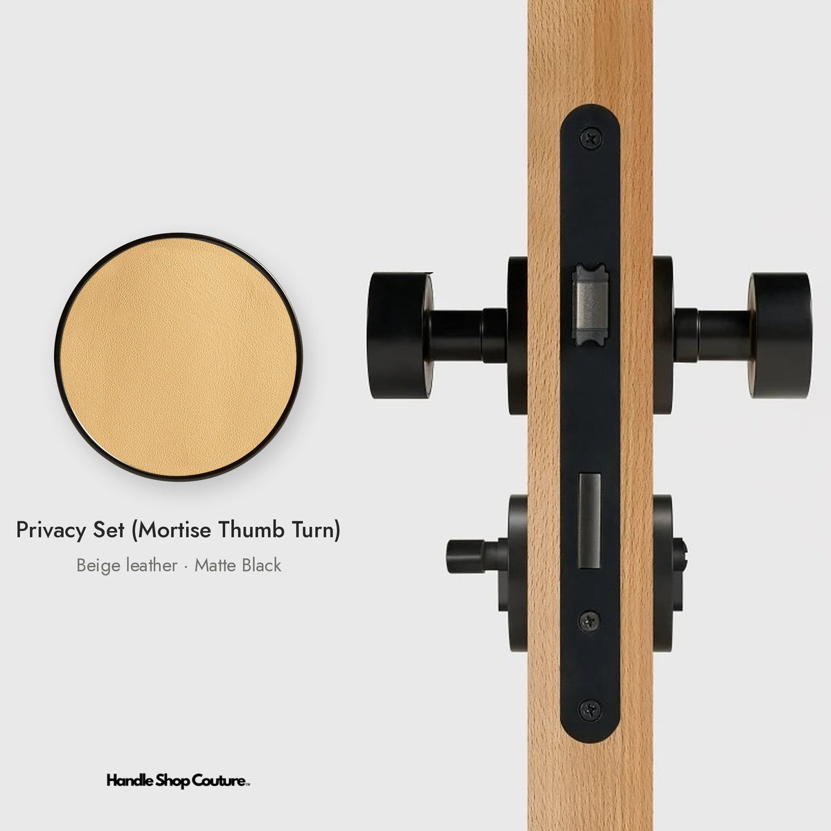 AMORGOS leather door knob set in Matte Black with beige leather, Privacy Set (Mortise Thumb Turn)
