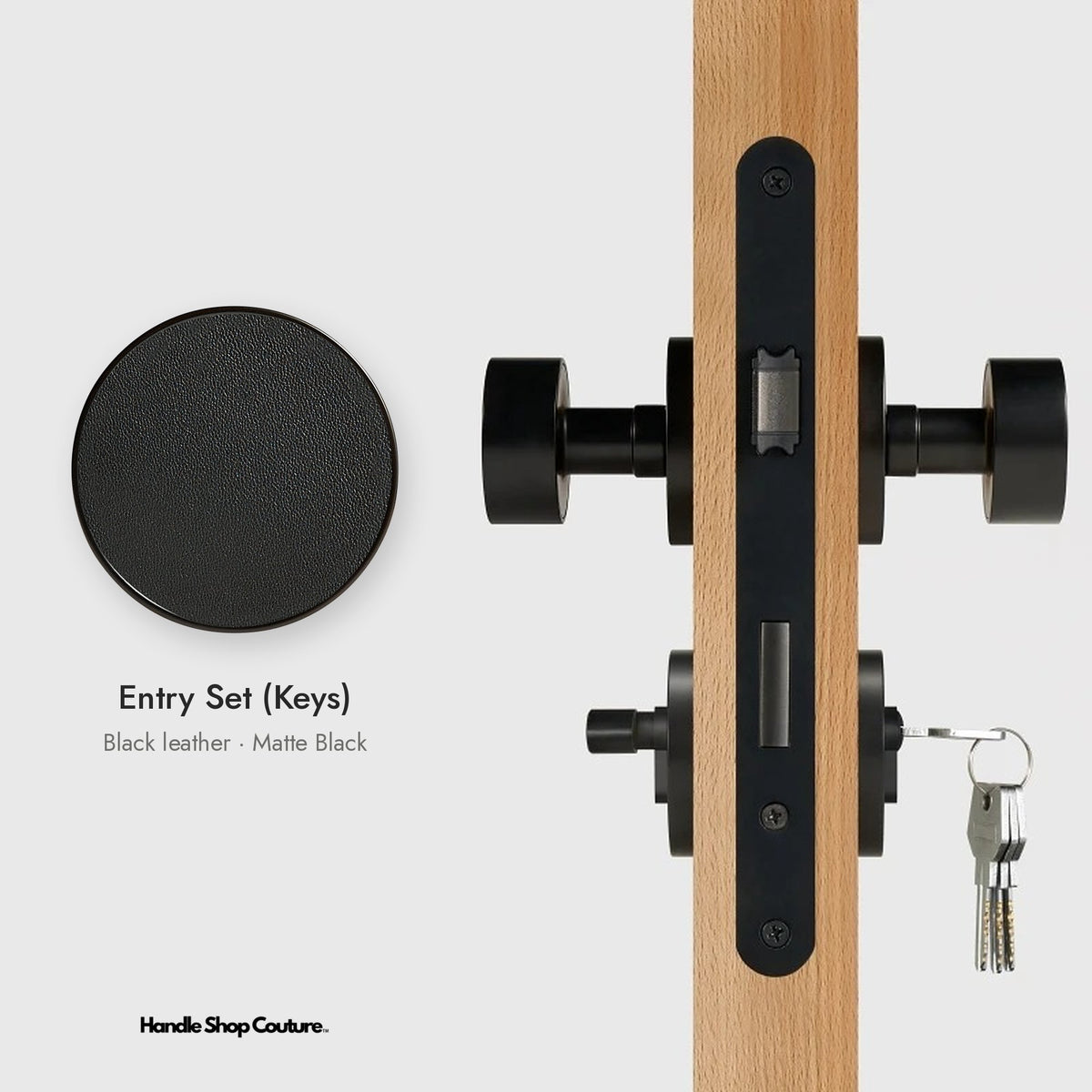 AMORGOS leather door knob set in Matte Black with black leather, Entry Set (Keys)
