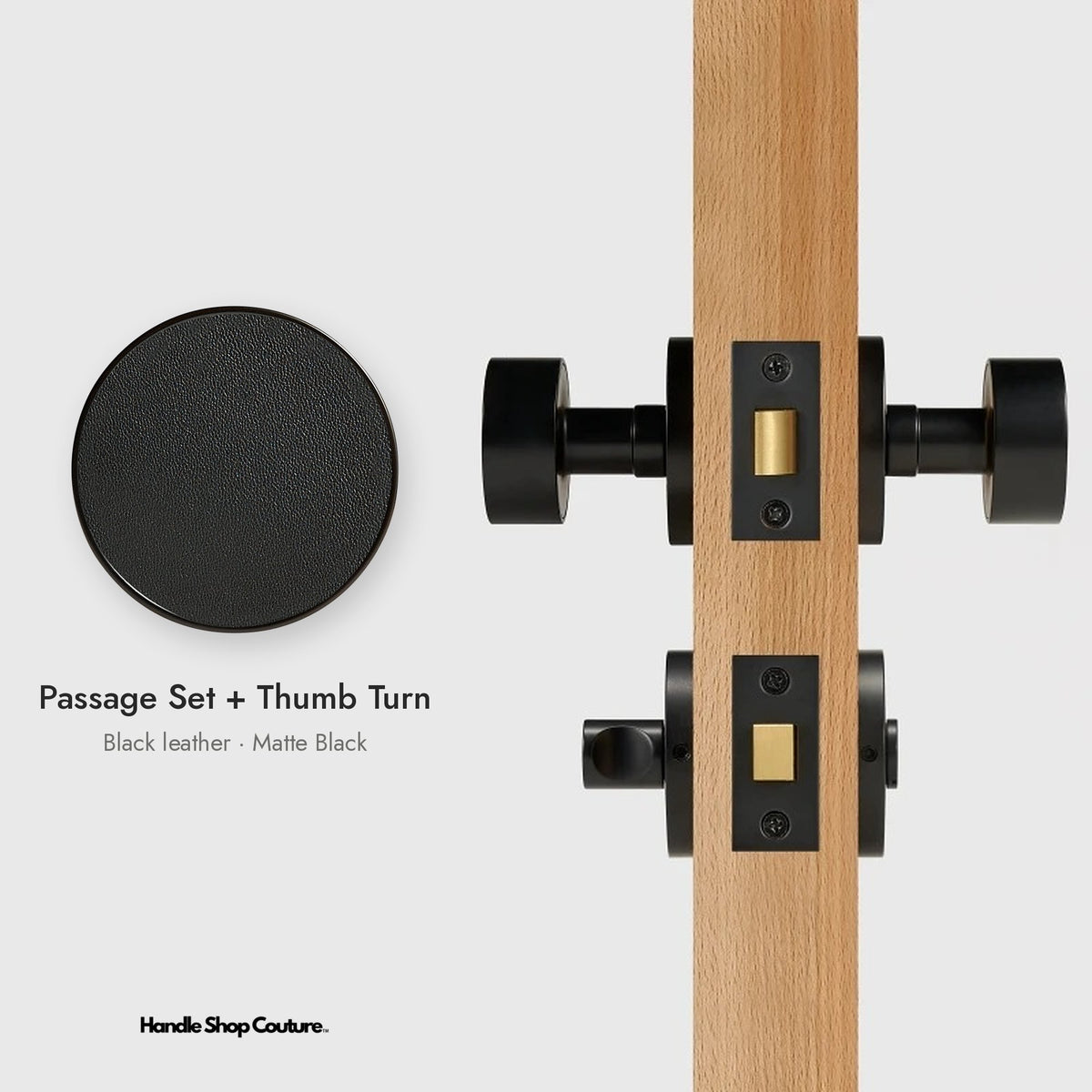 AMORGOS leather door knob set in Matte Black with black leather, Passage Set + Thumb Turn