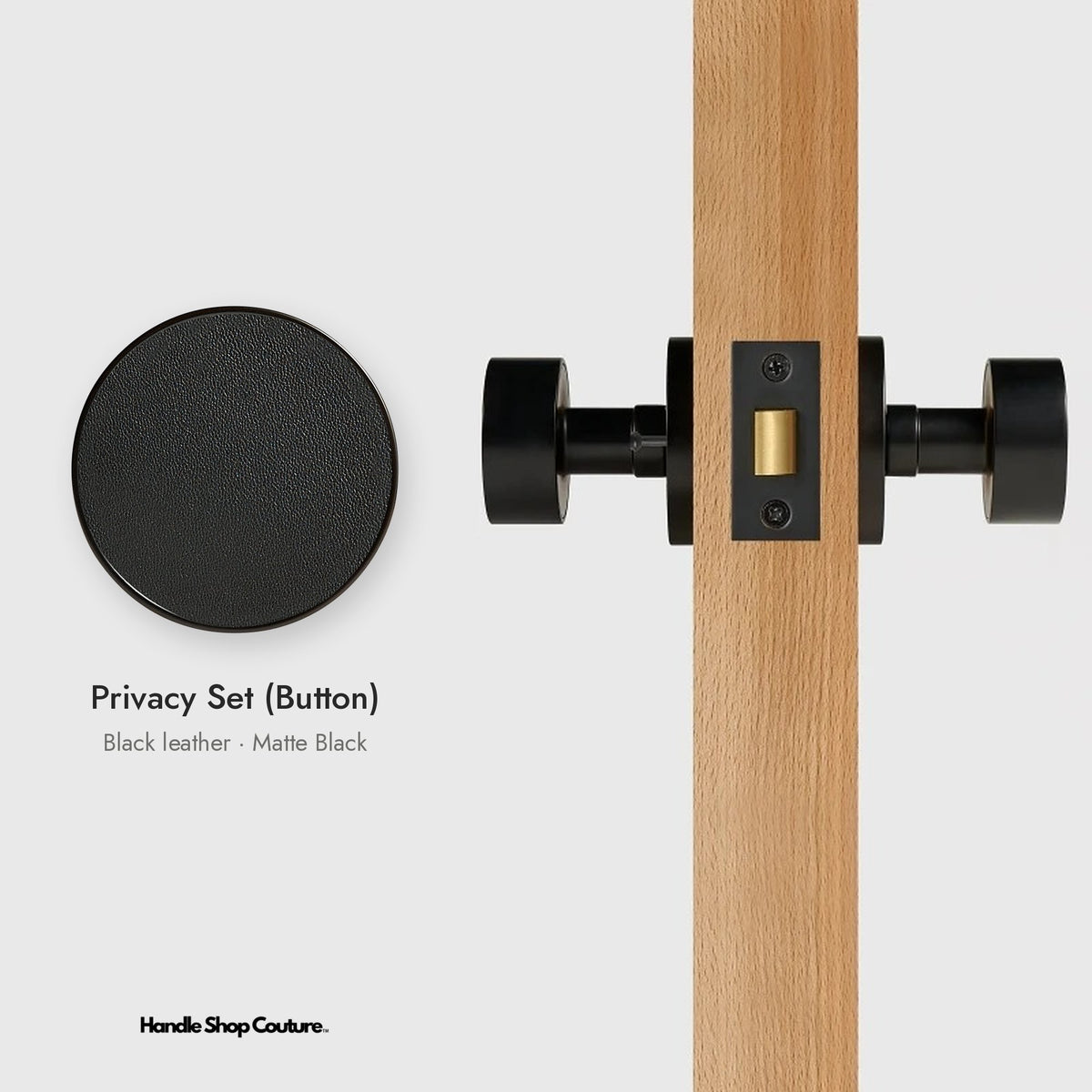 AMORGOS leather door knob set in Matte Black with black leather, Privacy Set (Button)