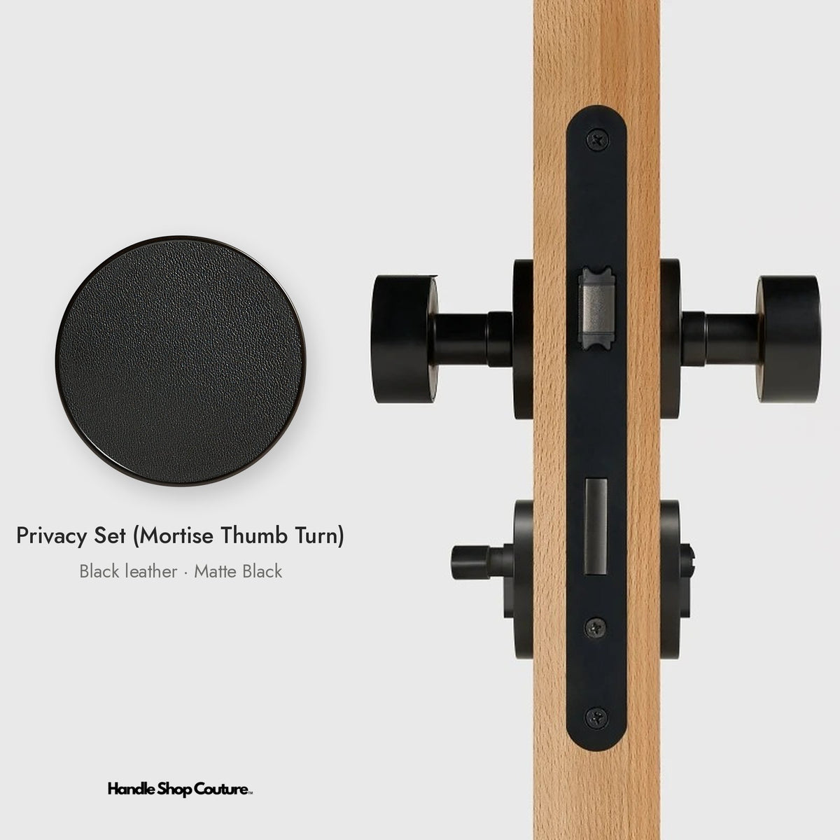 AMORGOS leather door knob set in Matte Black with black leather, Privacy Set (Mortise Thumb Turn)