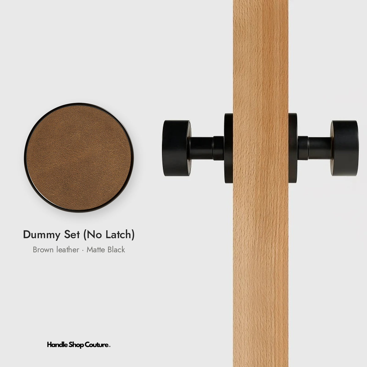 AMORGOS leather door knob set in Matte Black with brown leather, Dummy Set (No Latch)