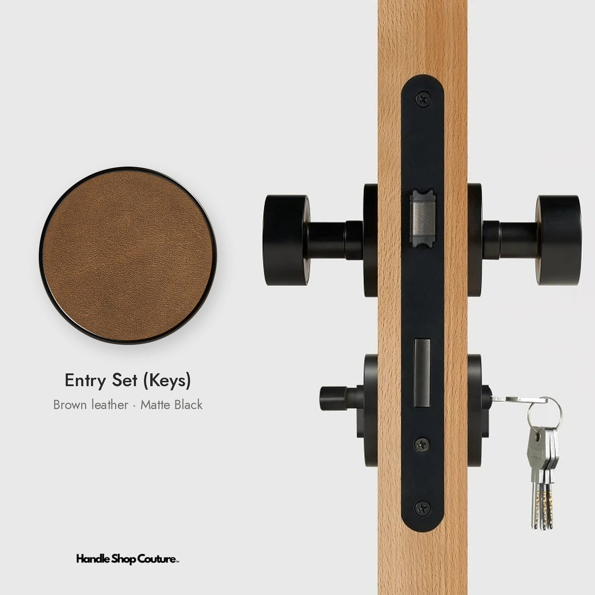AMORGOS leather door knob set in Matte Black with brown leather, Entry Set (Keys)
