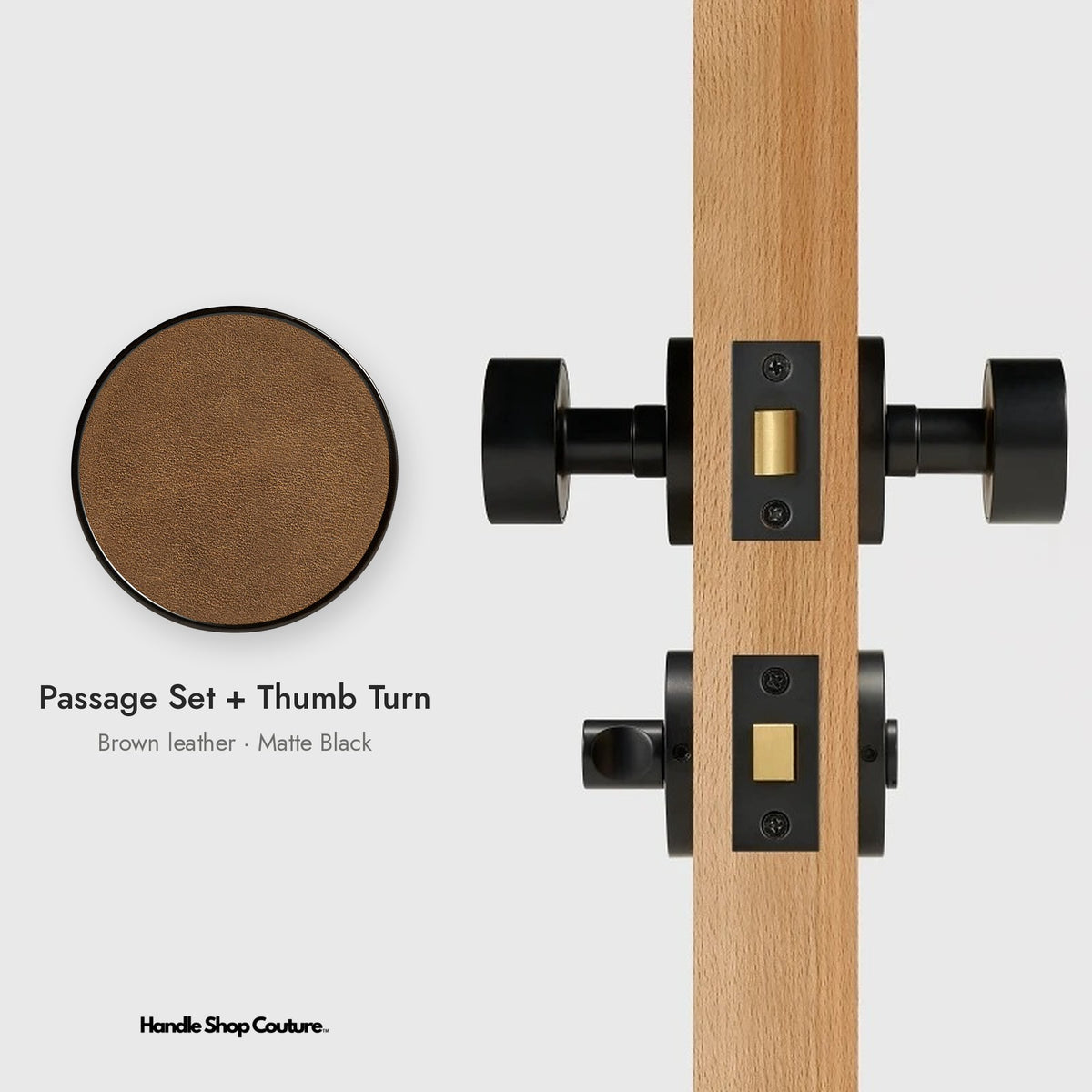 AMORGOS leather door knob set in Matte Black with brown leather, Passage Set + Thumb Turn