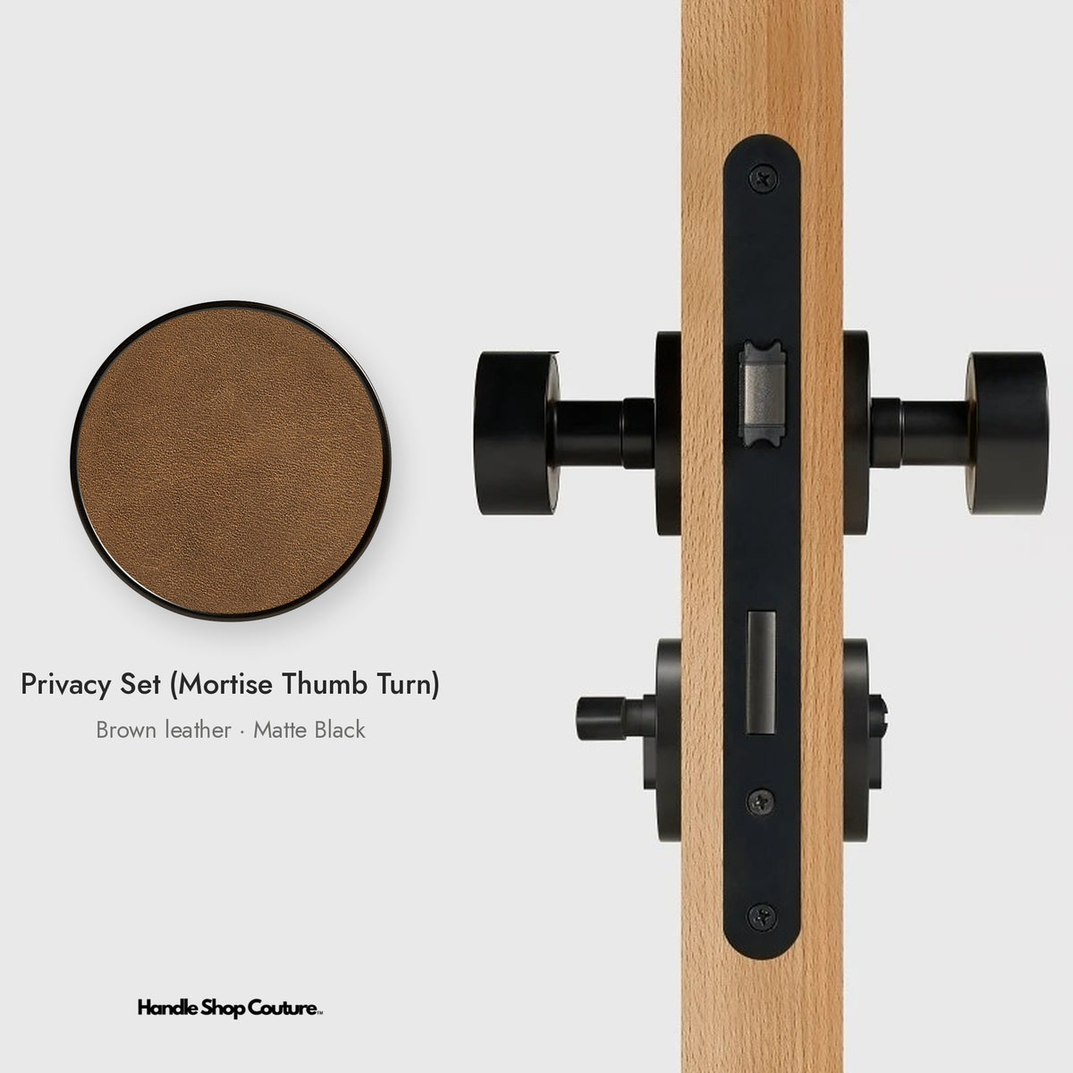 AMORGOS leather door knob set in Matte Black with brown leather, Privacy Set (Mortise Thumb Turn)