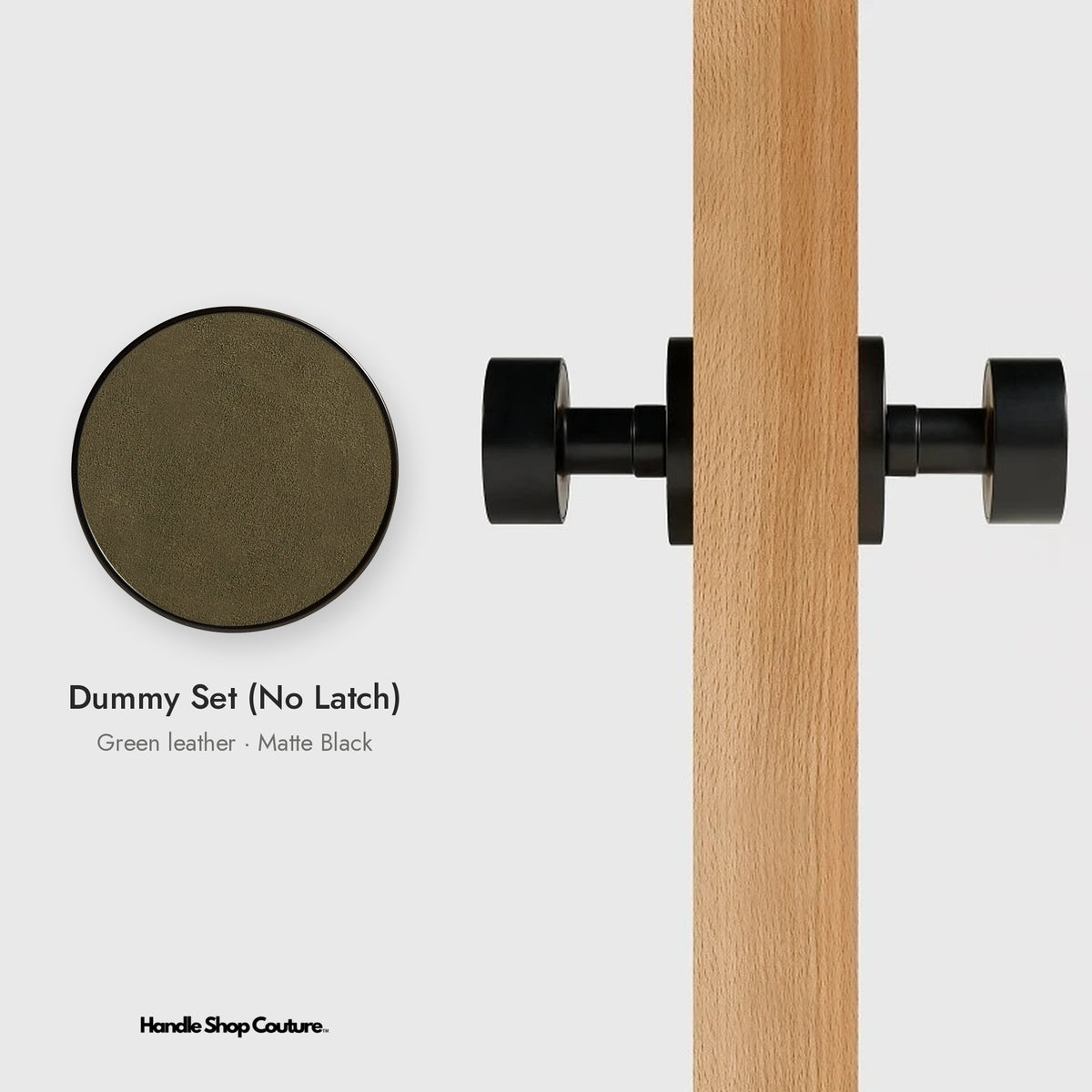 AMORGOS leather door knob set in Matte Black with green leather, Dummy Set (No Latch)