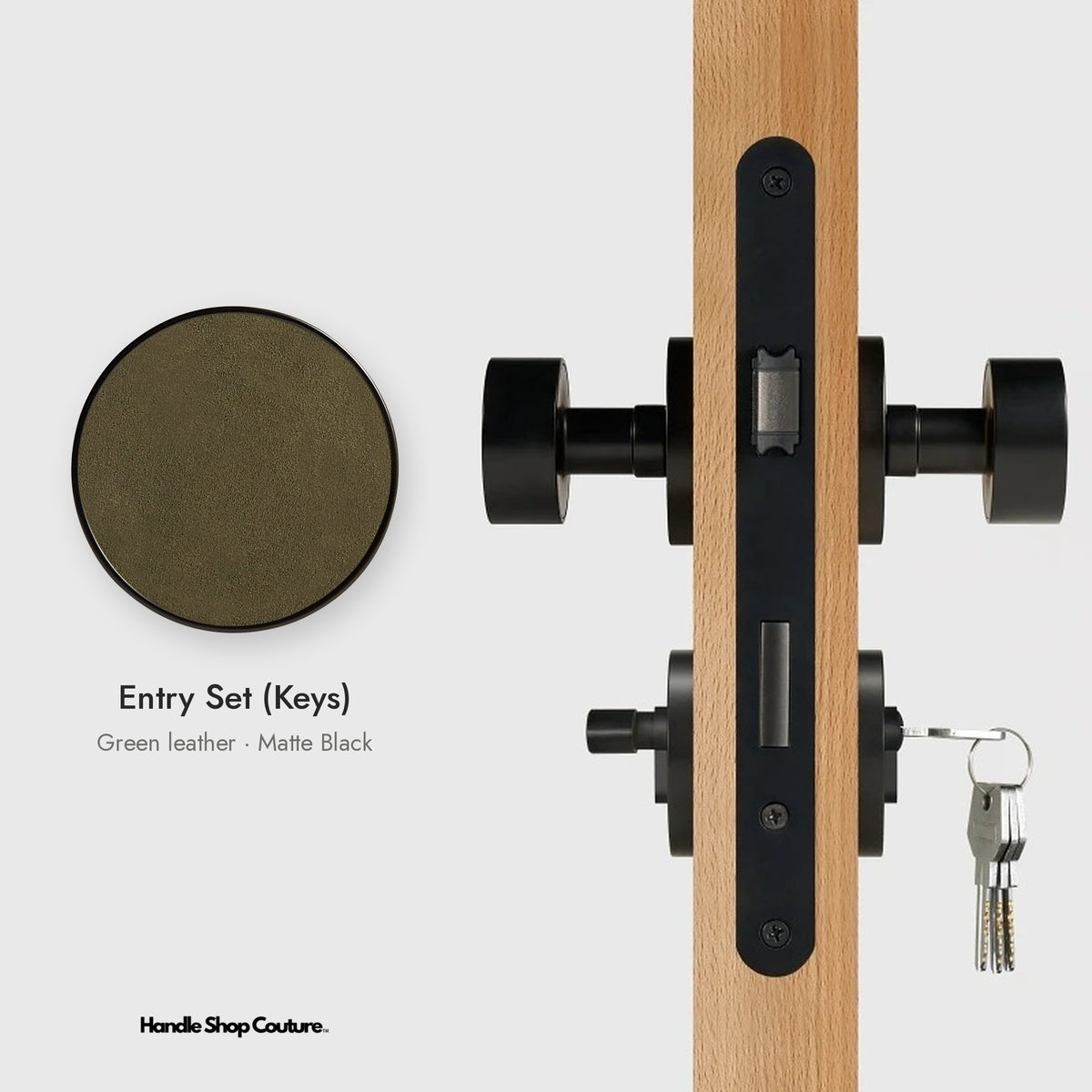 AMORGOS leather door knob set in Matte Black with green leather, Entry Set (Keys)
