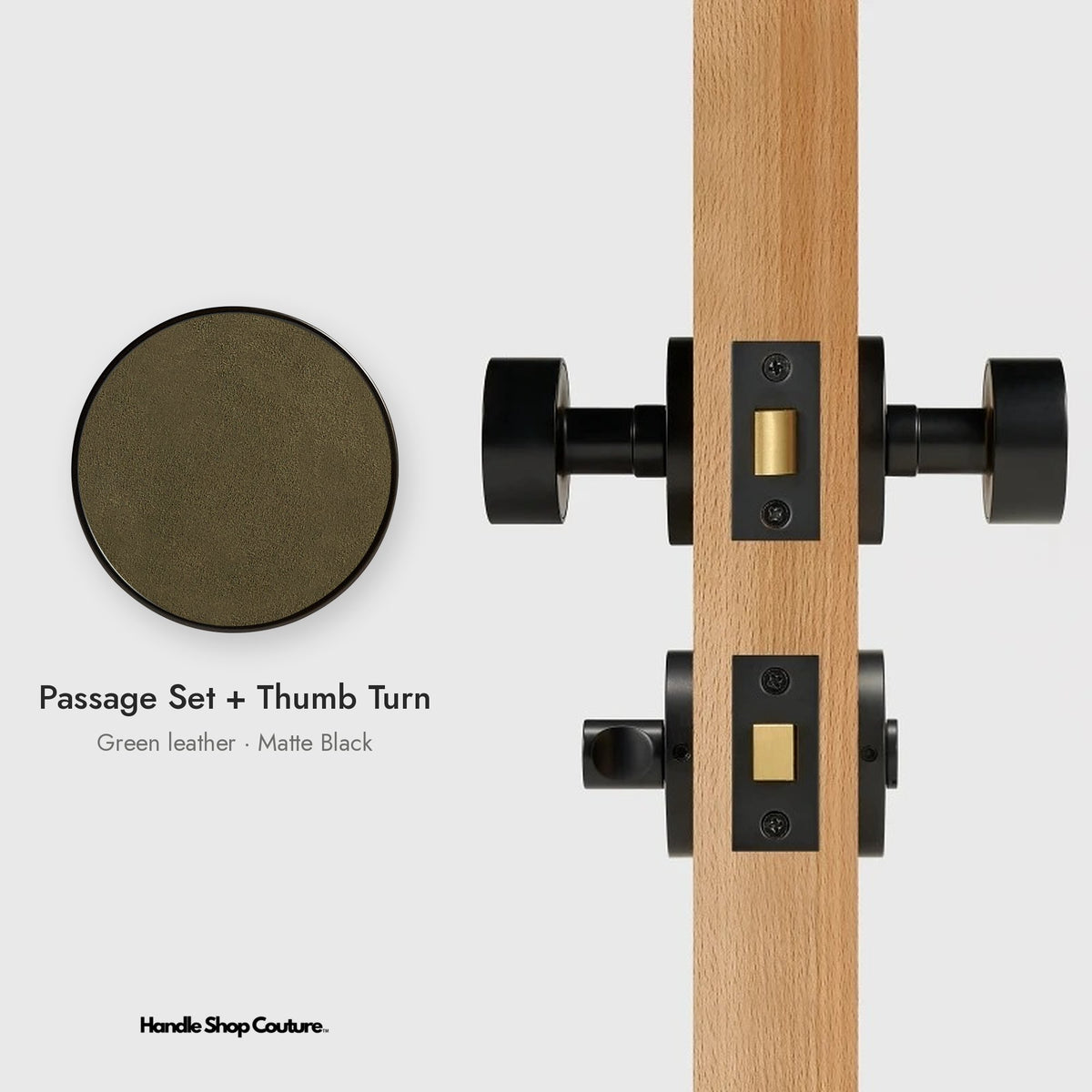 AMORGOS leather door knob set in Matte Black with green leather, Passage Set + Thumb Turn