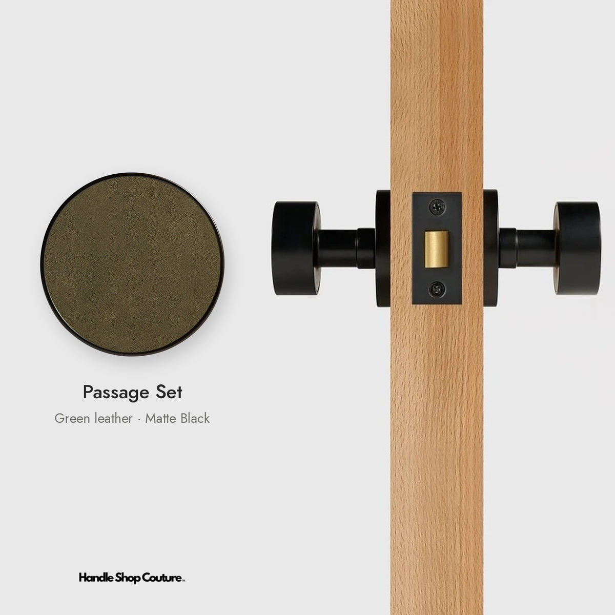 AMORGOS leather door knob set in Matte Black with green leather, Passage Set