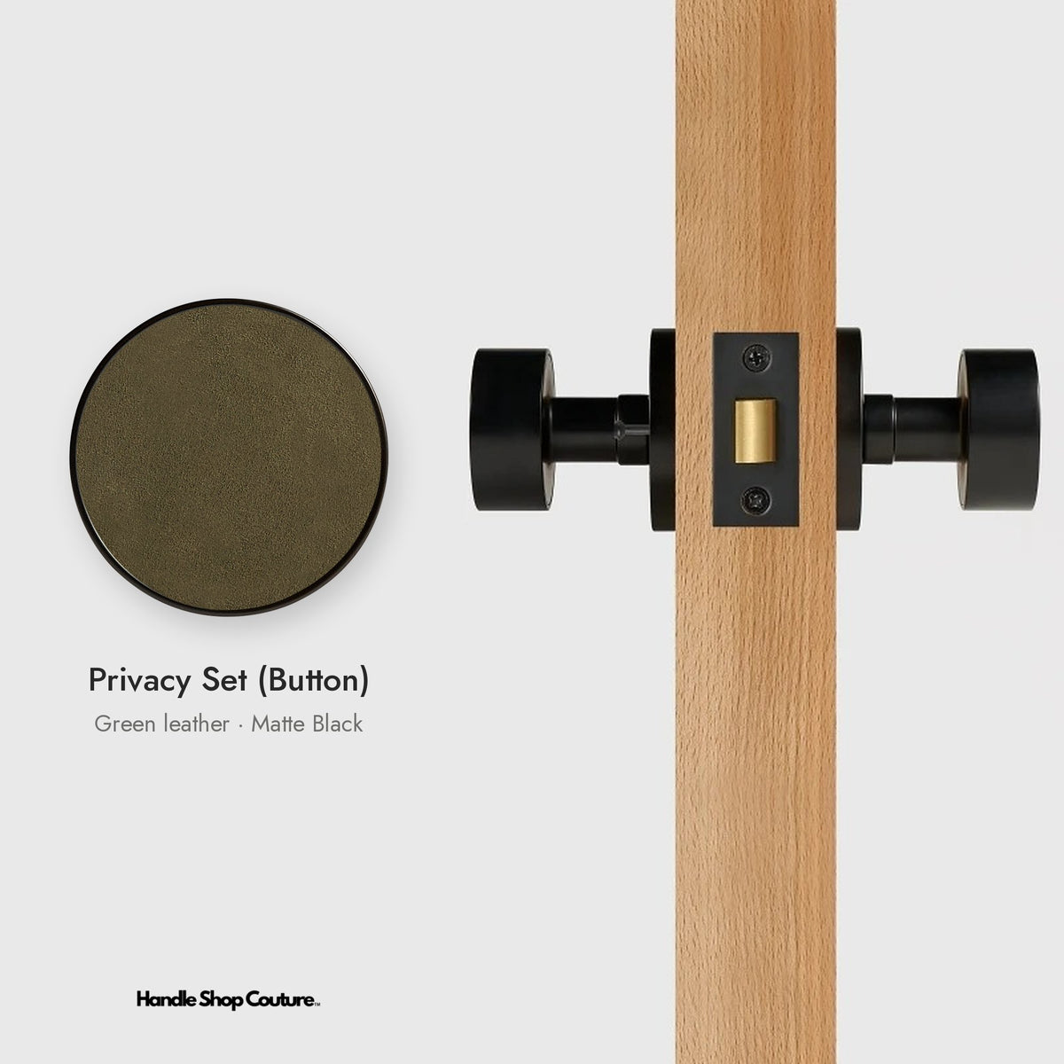 AMORGOS leather door knob set in Matte Black with green leather, Privacy Set (Button)