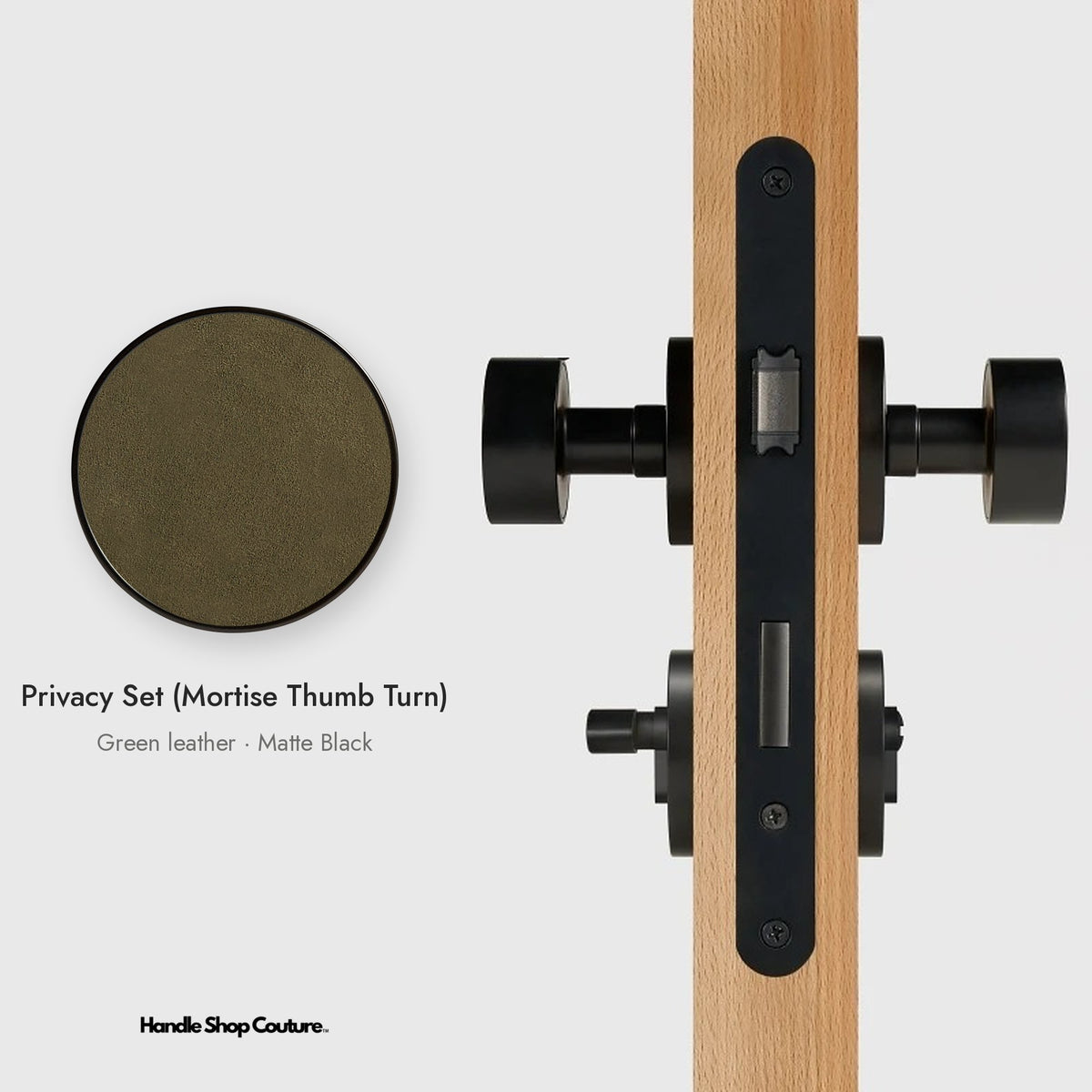 AMORGOS leather door knob set in Matte Black with green leather, Privacy Set (Mortise Thumb Turn)