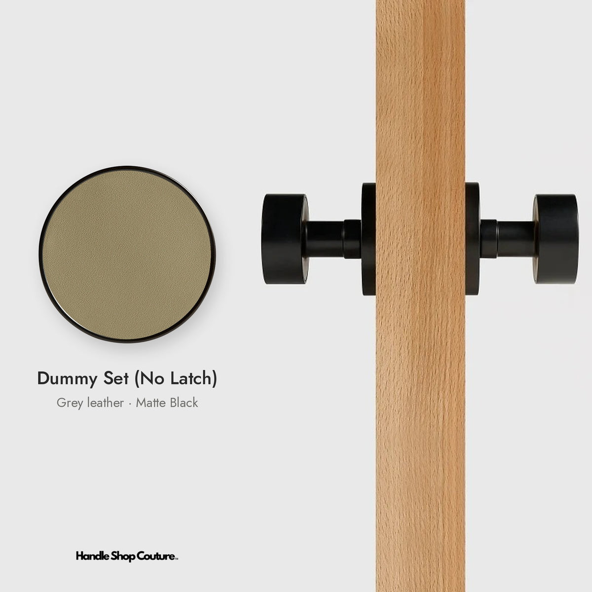 AMORGOS leather door knob set in Matte Black with grey leather, Dummy Set (No Latch)