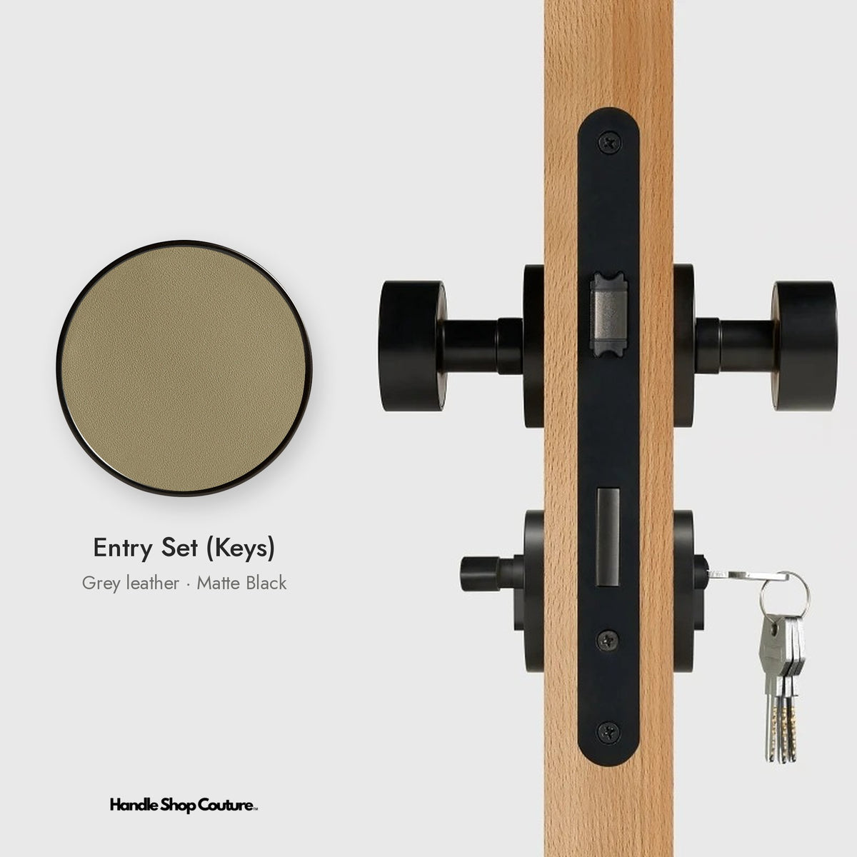 AMORGOS leather door knob set in Matte Black with grey leather, Entry Set (Keys)