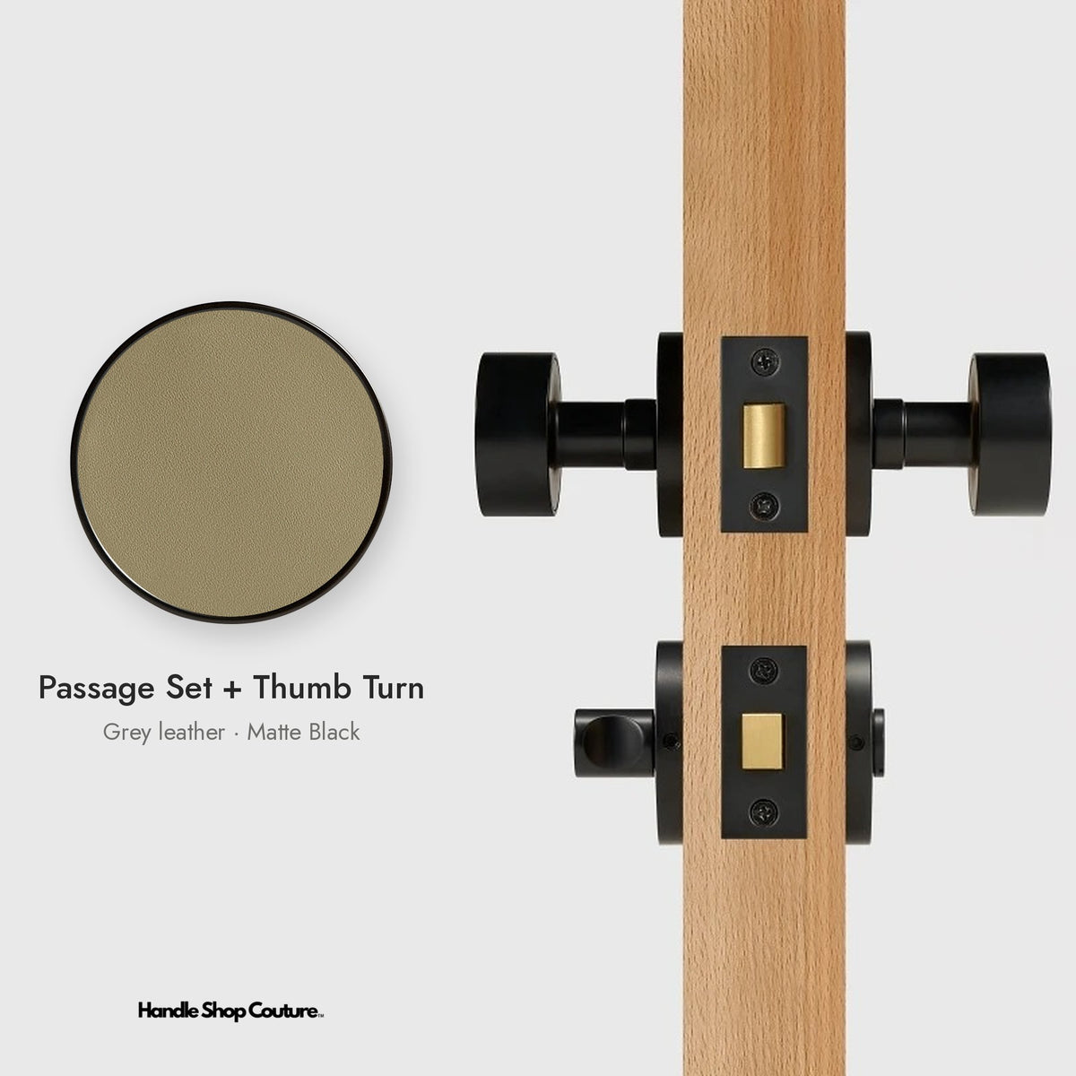 AMORGOS leather door knob set in Matte Black with grey leather, Passage Set + Thumb Turn