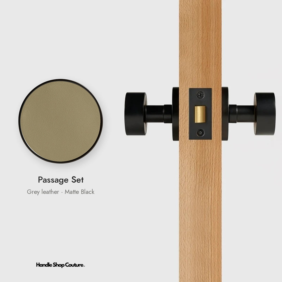 AMORGOS leather door knob set in Matte Black with grey leather, Passage Set