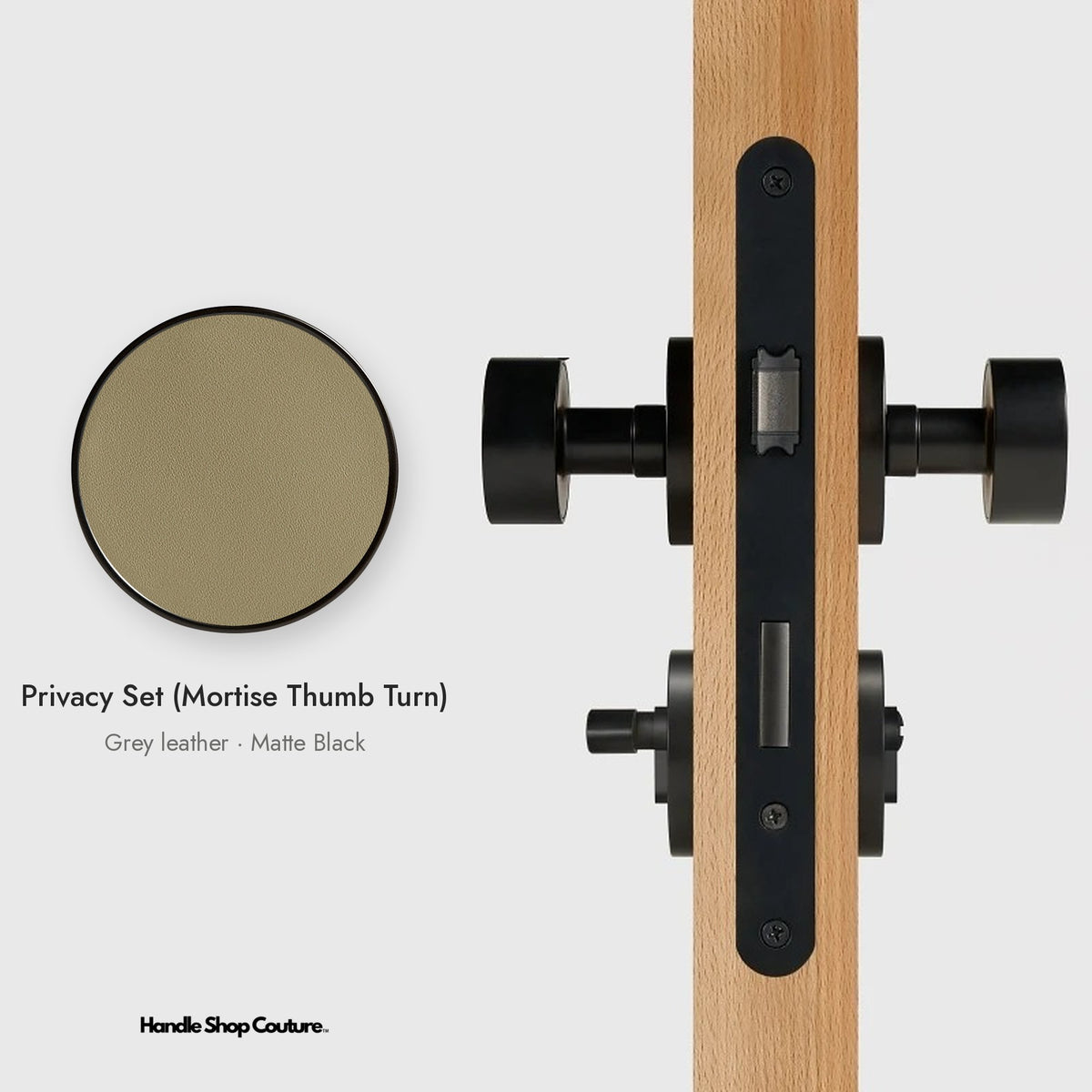 AMORGOS leather door knob set in Matte Black with grey leather, Privacy Set (Mortise Thumb Turn)