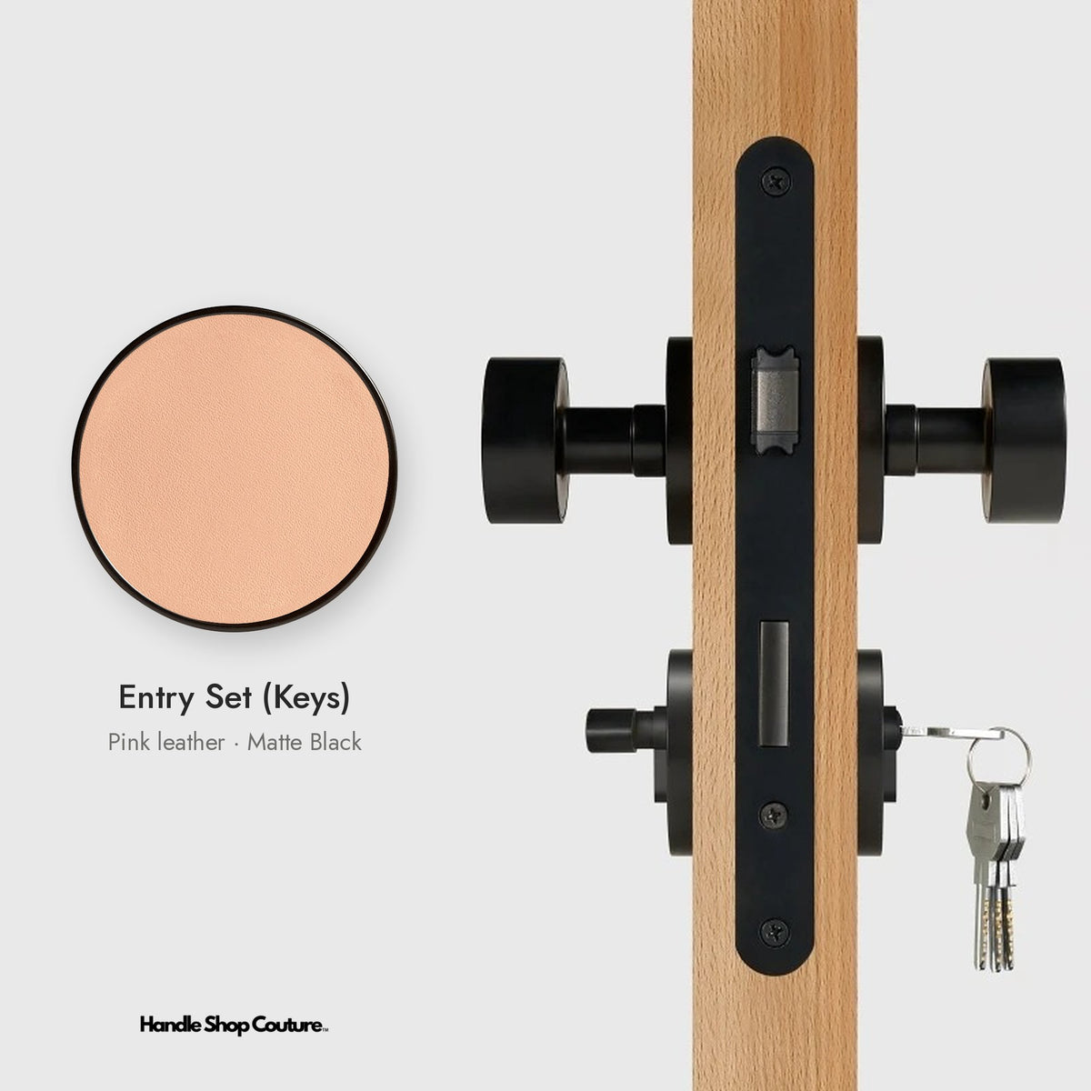 AMORGOS leather door knob set in Matte Black with pink leather, Entry Set (Keys)
