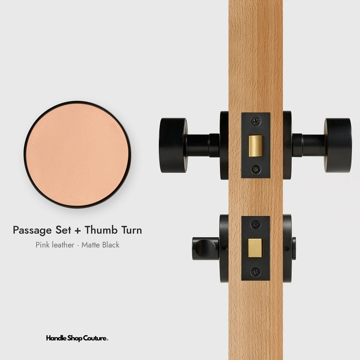 AMORGOS leather door knob set in Matte Black with pink leather, Passage Set + Thumb Turn