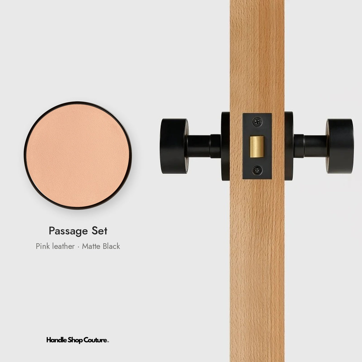 AMORGOS leather door knob set in Matte Black with pink leather, Passage Set