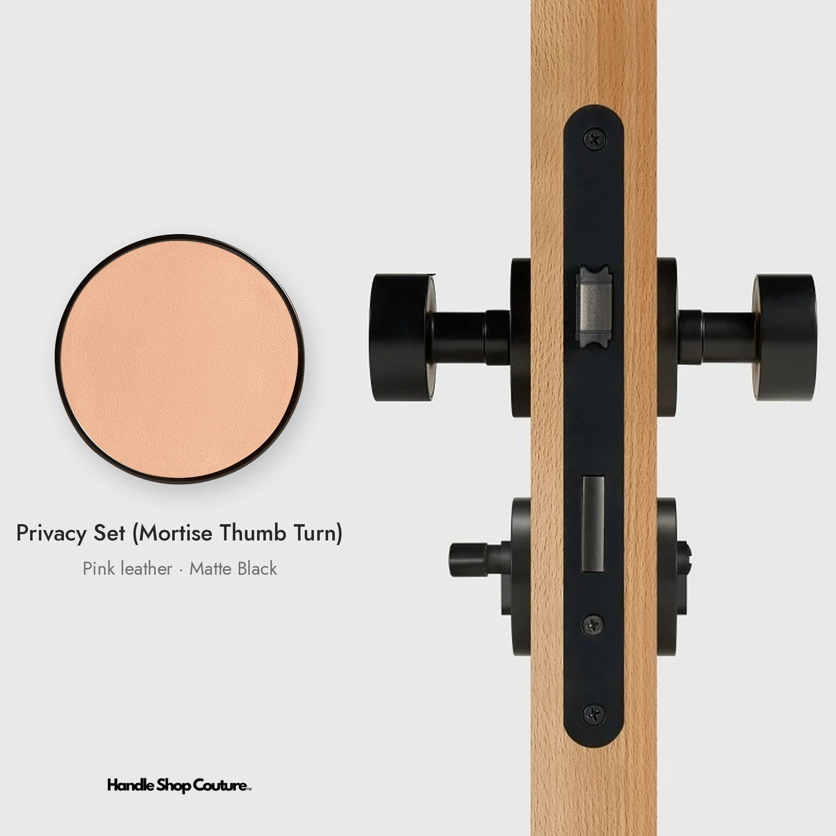 AMORGOS leather door knob set in Matte Black with pink leather, Privacy Set (Mortise Thumb Turn)
