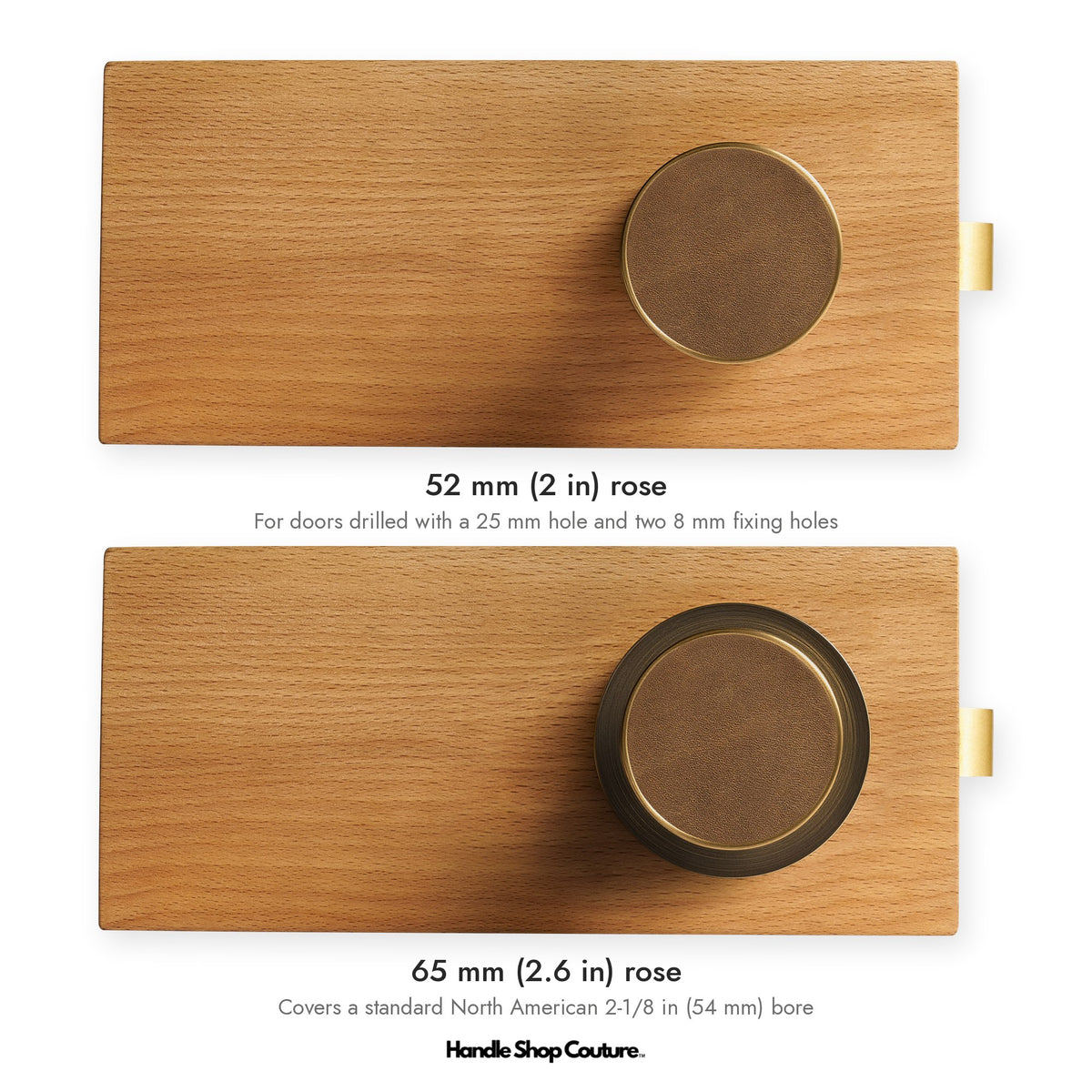 AMORGOS leather door knob in Antique Brass with brown leather: 52 mm and 65 mm rose sizes