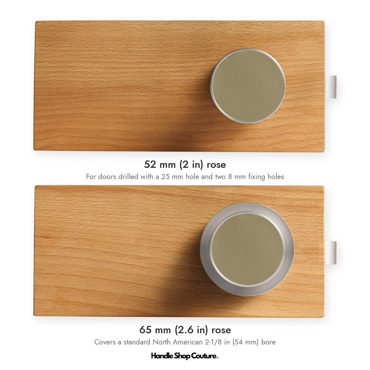 AMORGOS leather door knob in Brushed Nickel with grey leather: 52 mm and 65 mm rose sizes