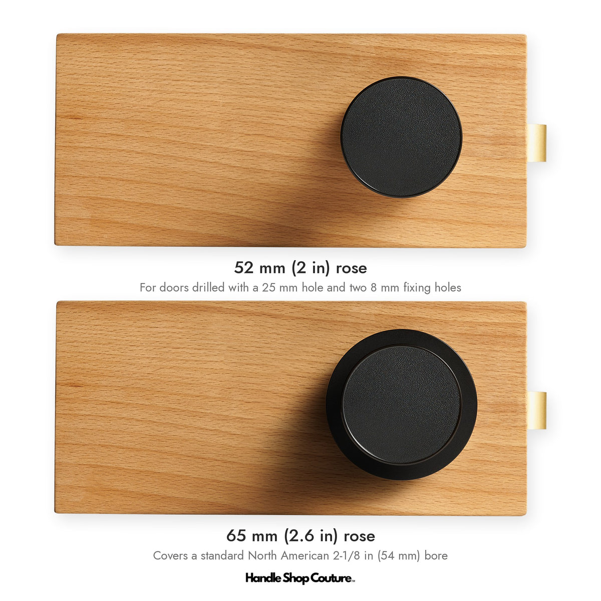 AMORGOS leather door knob in Matte Black with black leather: 52 mm and 65 mm rose sizes
