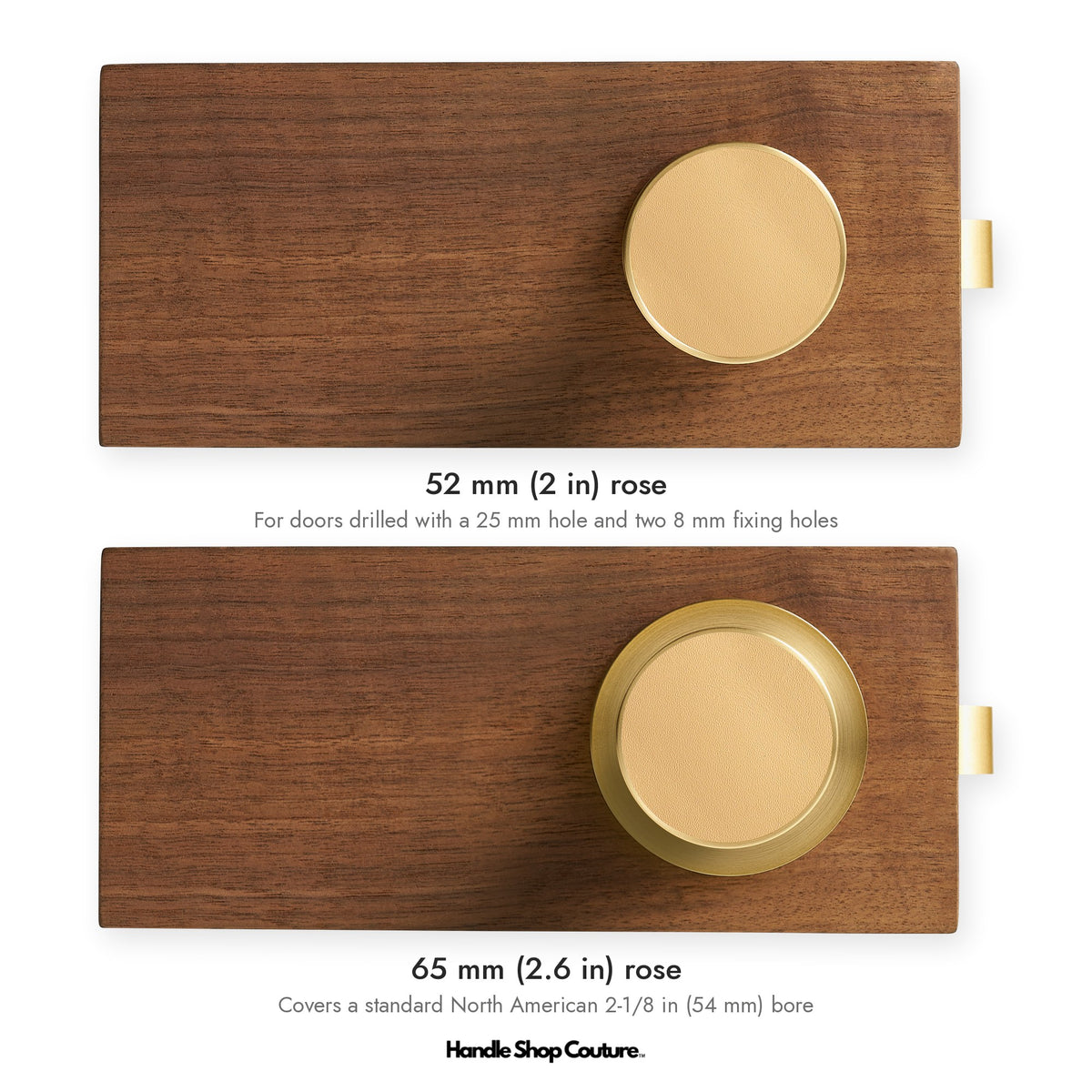 AMORGOS leather door knob in Satin Brass with beige leather: 52 mm and 65 mm rose sizes