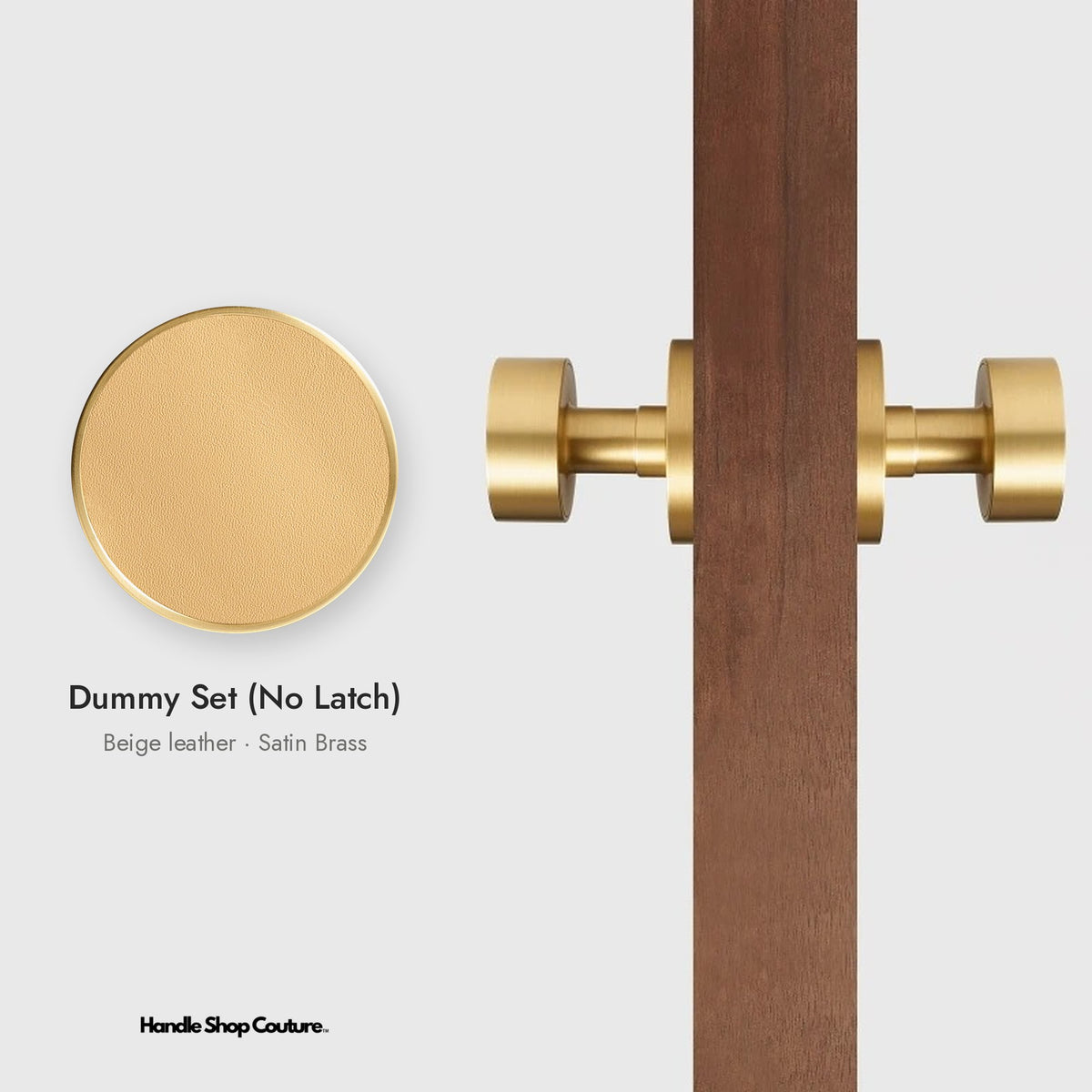 AMORGOS leather door knob set in Satin Brass with beige leather, Dummy Set (No Latch)