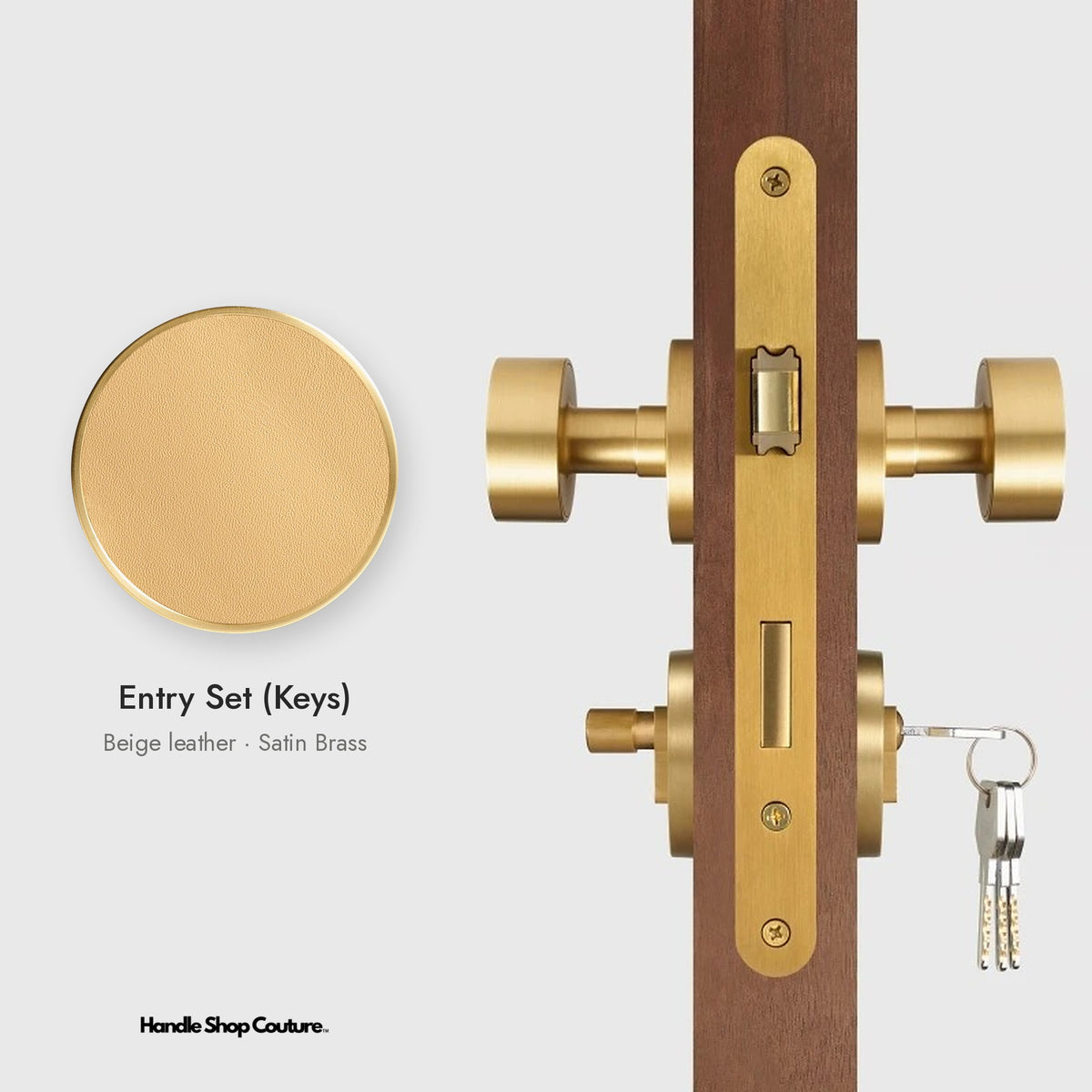 AMORGOS leather door knob set in Satin Brass with beige leather, Entry Set (Keys)