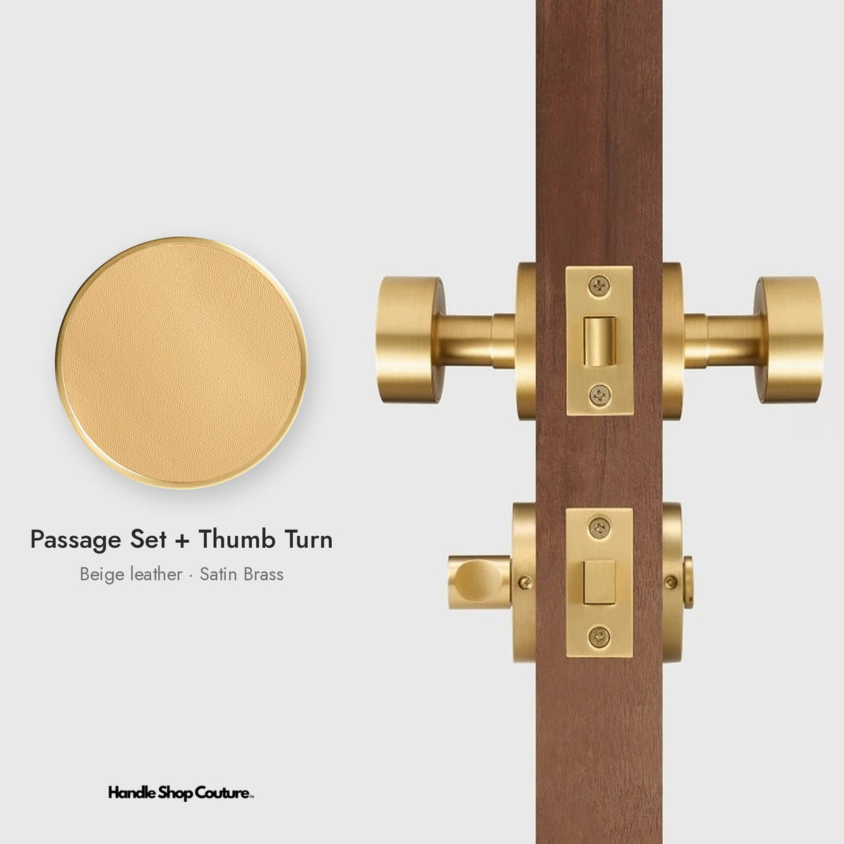AMORGOS leather door knob set in Satin Brass with beige leather, Passage Set + Thumb Turn
