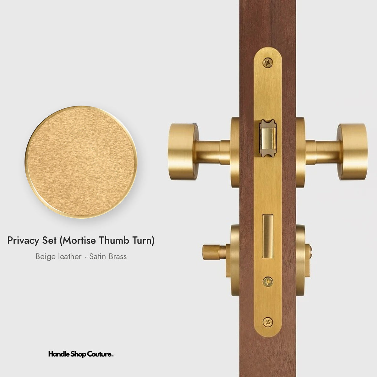 AMORGOS leather door knob set in Satin Brass with beige leather, Privacy Set (Mortise Thumb Turn)