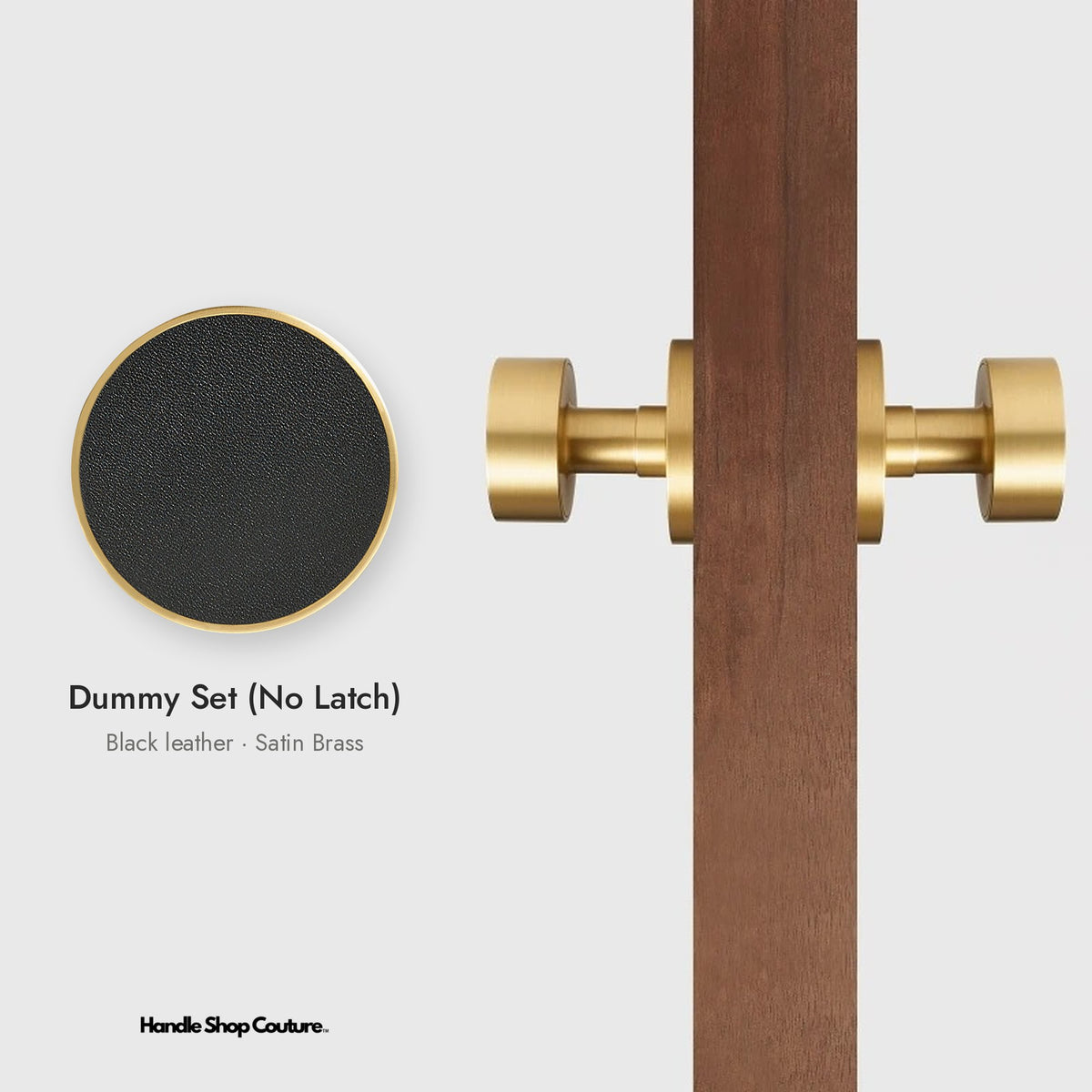 AMORGOS leather door knob set in Satin Brass with black leather, Dummy Set (No Latch)