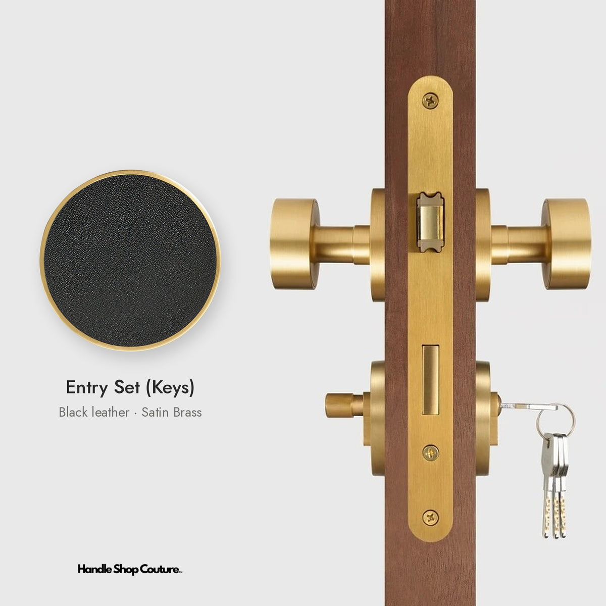 AMORGOS leather door knob set in Satin Brass with black leather, Entry Set (Keys)