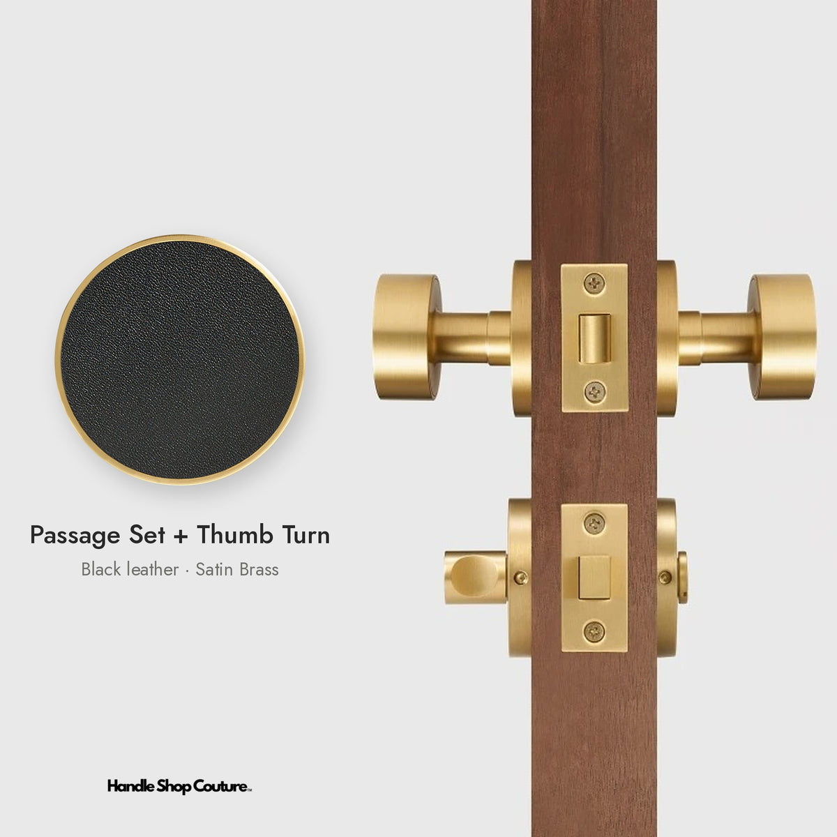 AMORGOS leather door knob set in Satin Brass with black leather, Passage Set + Thumb Turn