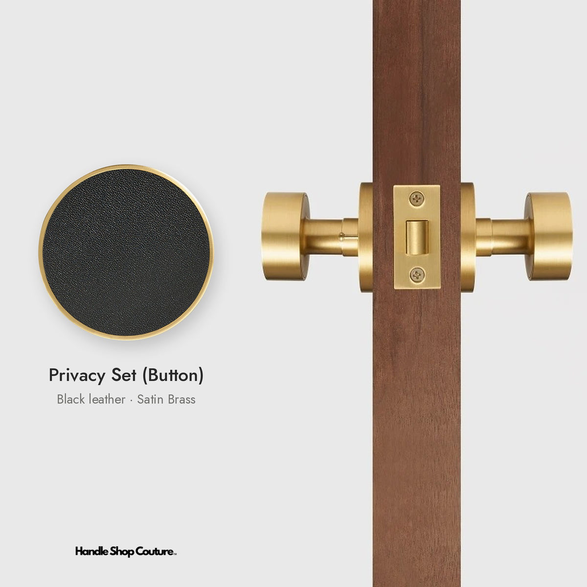 AMORGOS leather door knob set in Satin Brass with black leather, Privacy Set (Button)