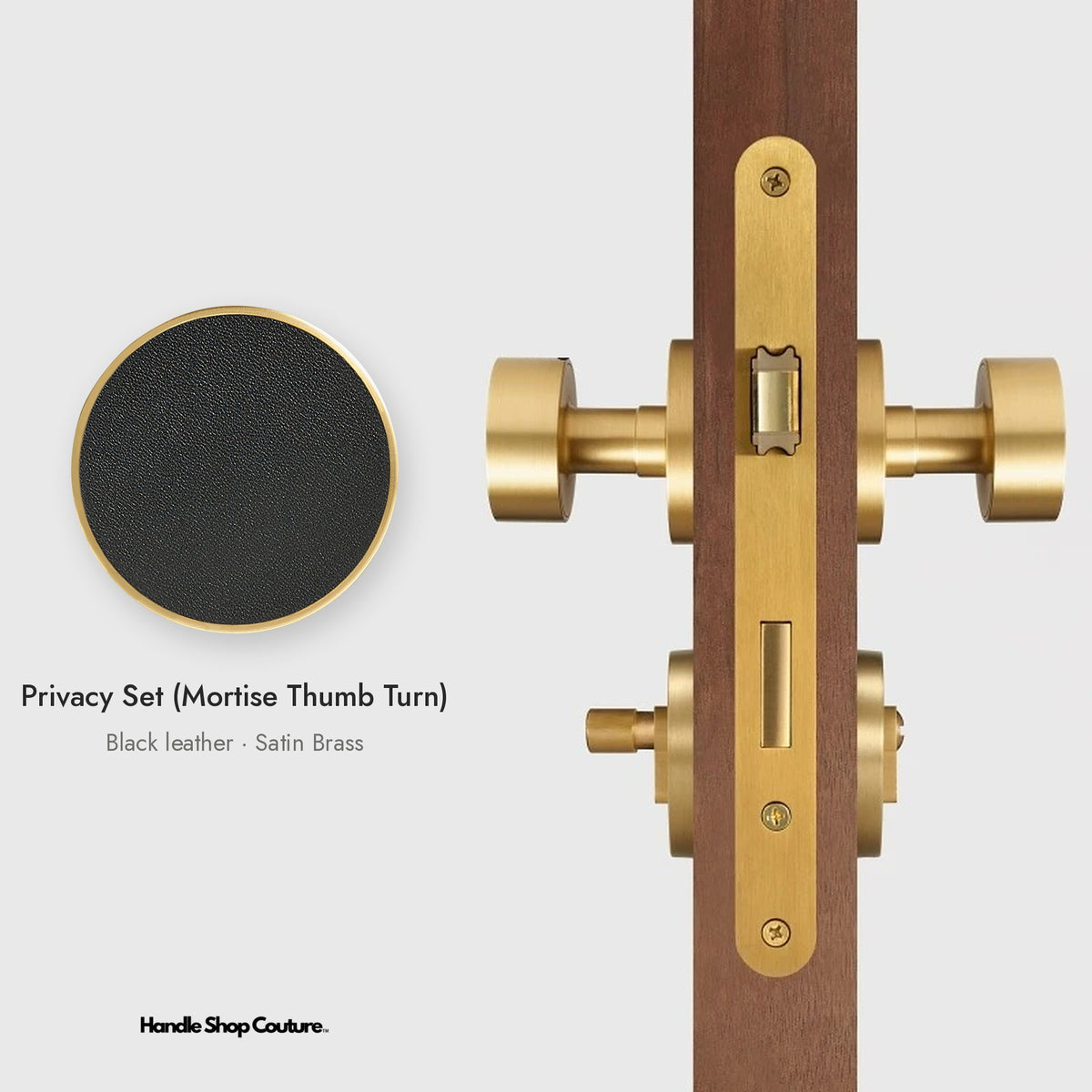 AMORGOS leather door knob set in Satin Brass with black leather, Privacy Set (Mortise Thumb Turn)