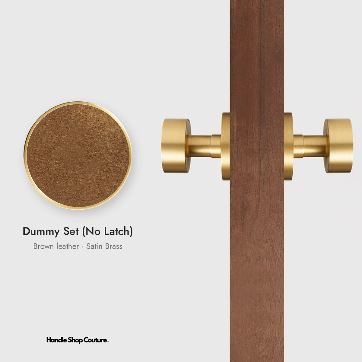 AMORGOS leather door knob set in Satin Brass with brown leather, Dummy Set (No Latch)