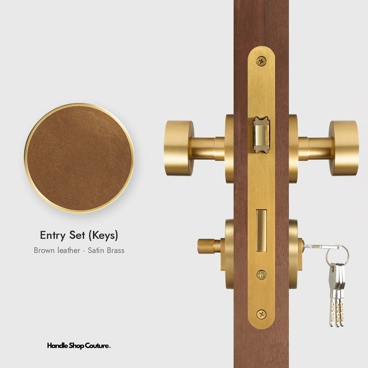 AMORGOS leather door knob set in Satin Brass with brown leather, Entry Set (Keys)
