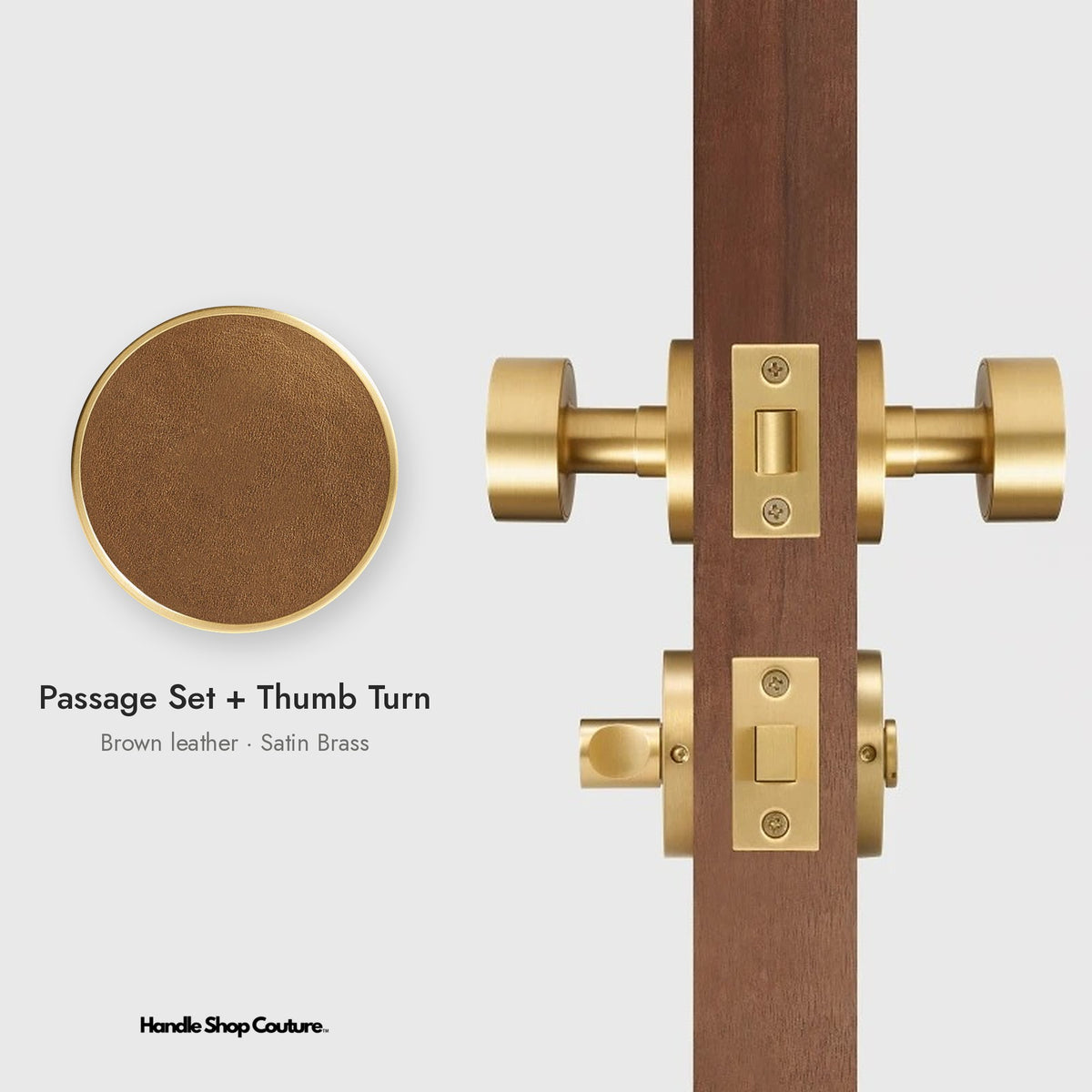 AMORGOS leather door knob set in Satin Brass with brown leather, Passage Set + Thumb Turn