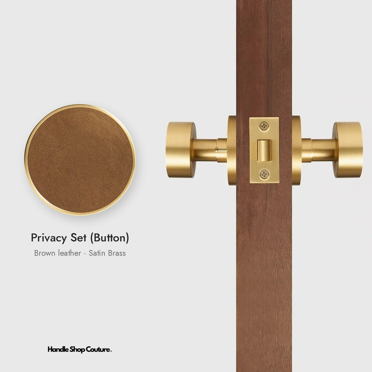AMORGOS leather door knob set in Satin Brass with brown leather, Privacy Set (Button)