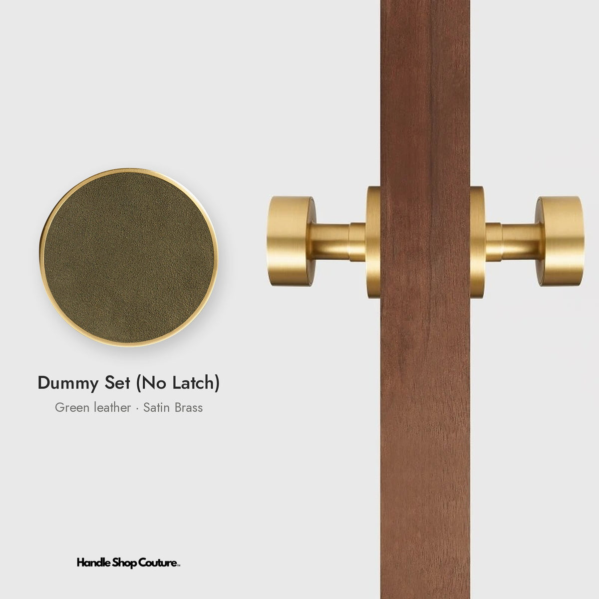 AMORGOS leather door knob set in Satin Brass with green leather, Dummy Set (No Latch)